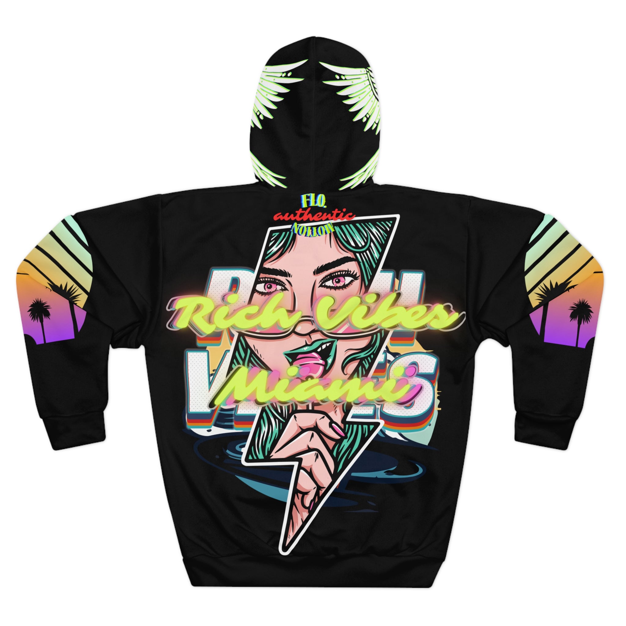 Rich Vibes Purple Sunset MIA Motion Surf - Unisex Pullover Hoodie (AOP) Black