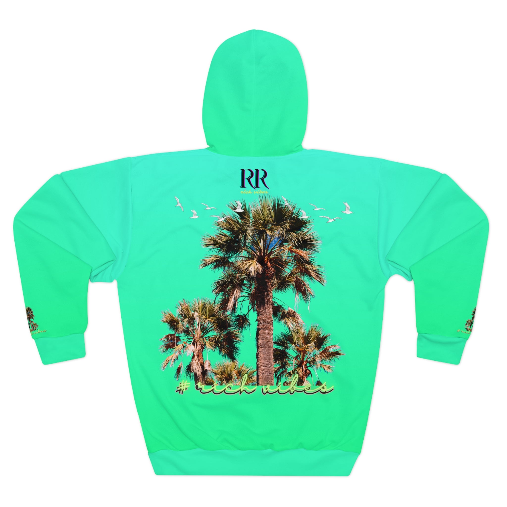 Rich Vibes Neon Green Volt RR Colorful Palm Trees Golf Pro 1.0 - Unisex Pullover Hoodie (AOP)
