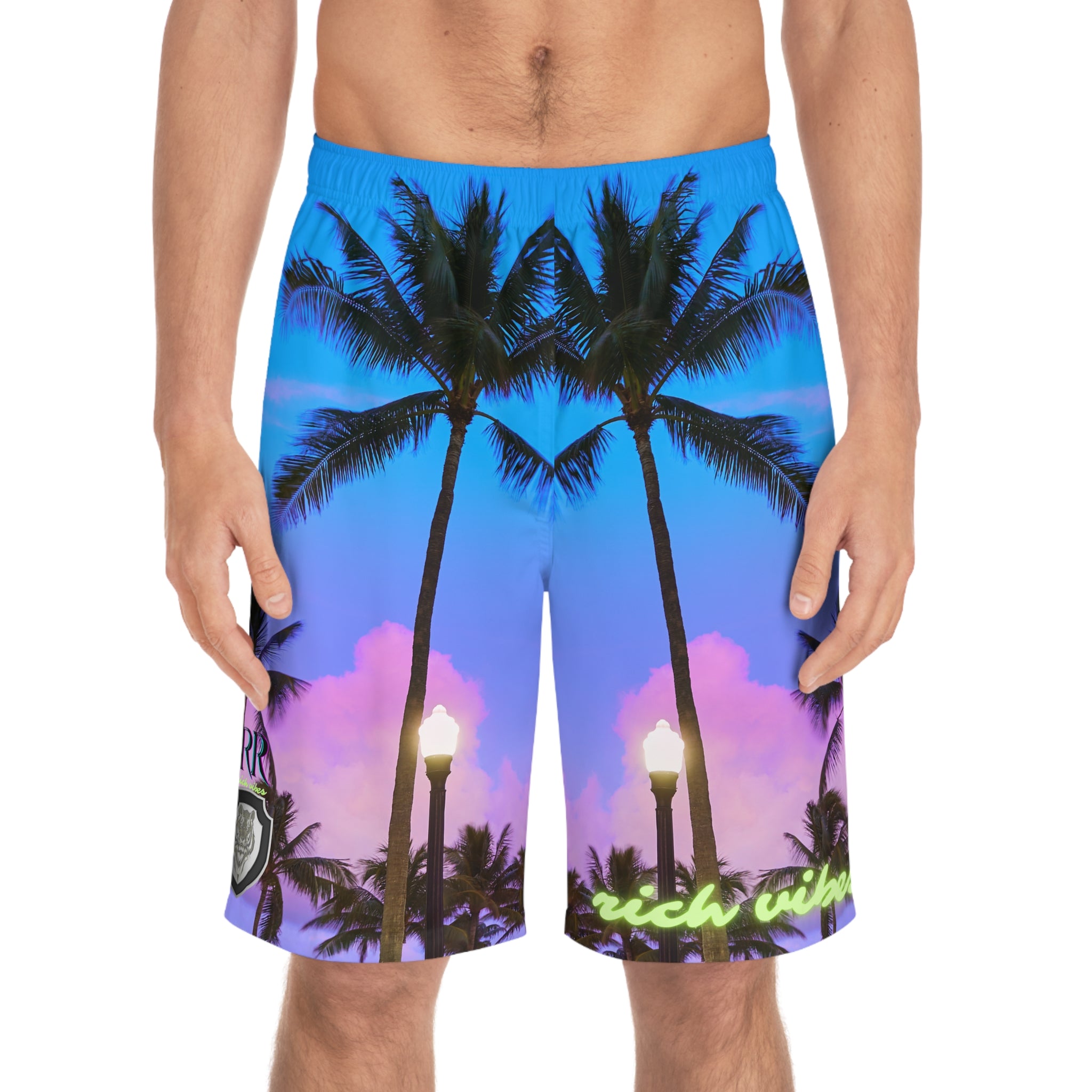 Rich Vibes RR Purple Sunset Volt Tiger Shield 2.0 - Men's Board Shorts (AOP)
