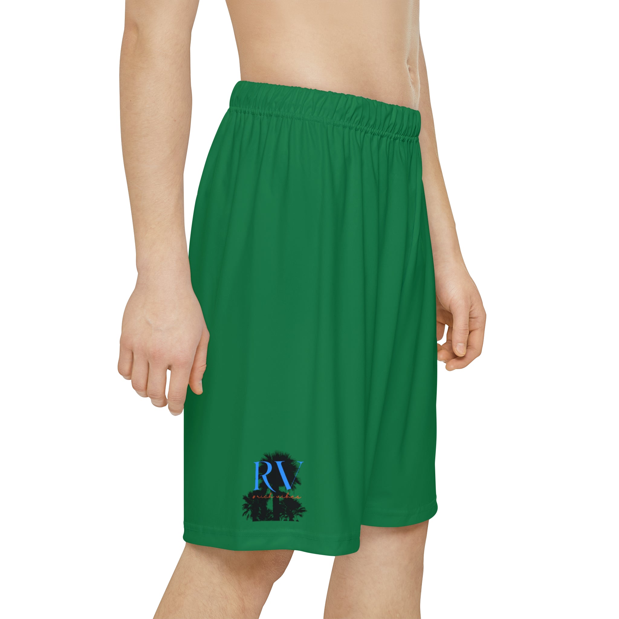 Rich Vibes RV Palm Tree Silhouette Men’s Sports Shorts (AOP) Turf Green