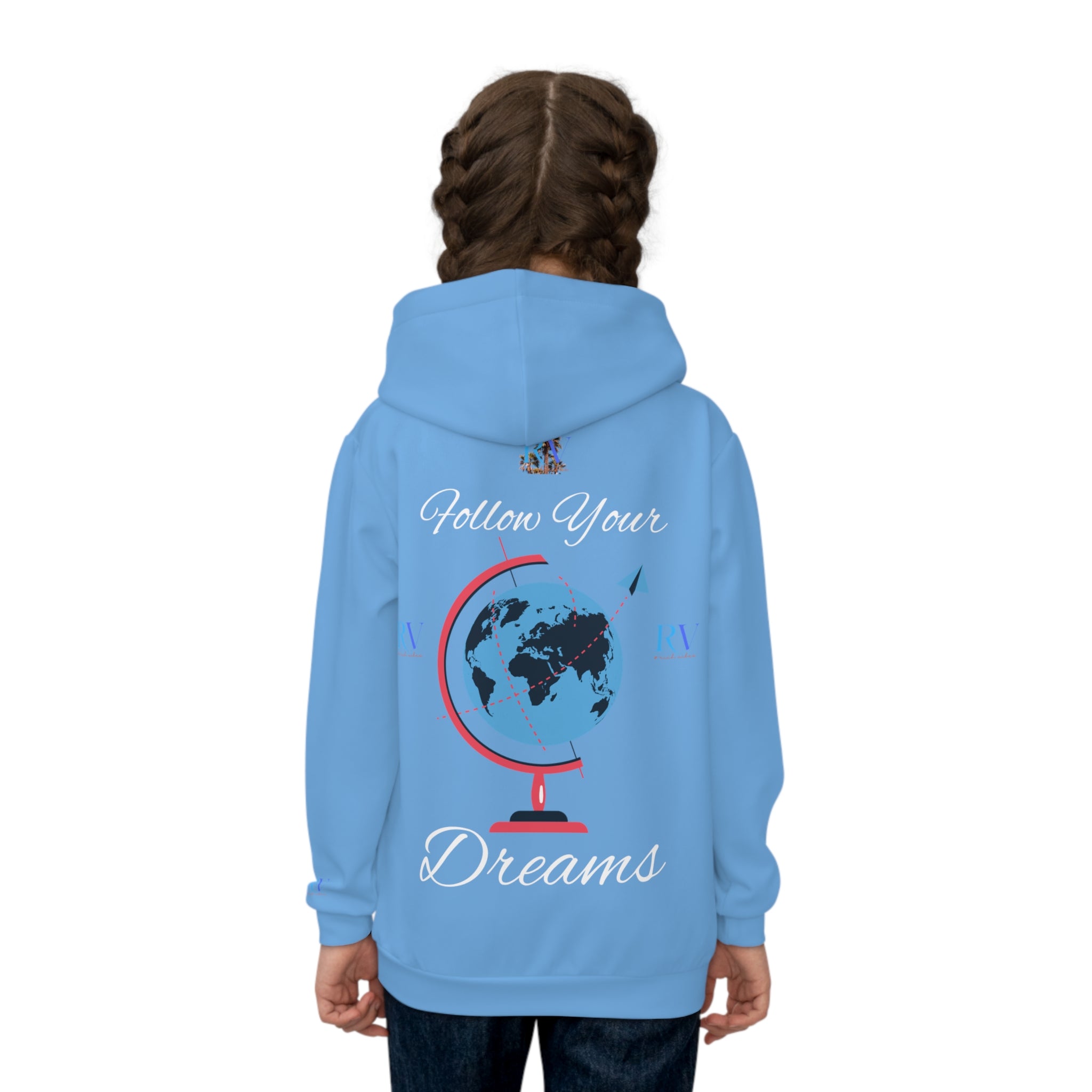 Rich Vibes Follow Your Dreams RV Color Palm Tree Light Blue Black 3 -  Children's Hoodie (AOP)