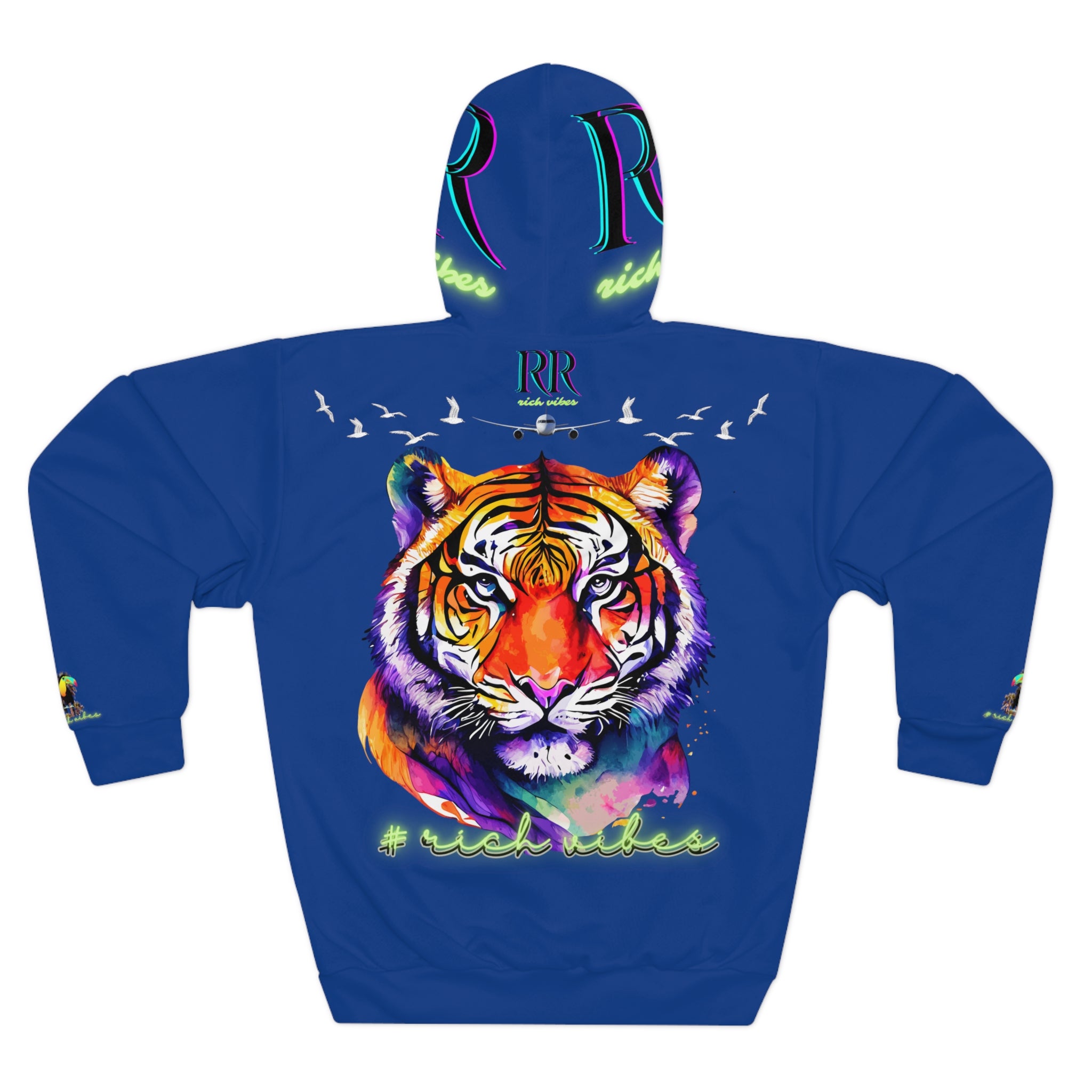Rich Vibes Volt Green RR Royal Blue Tropical Jungle Tiger - Unisex Pullover Hoodie (AOP)