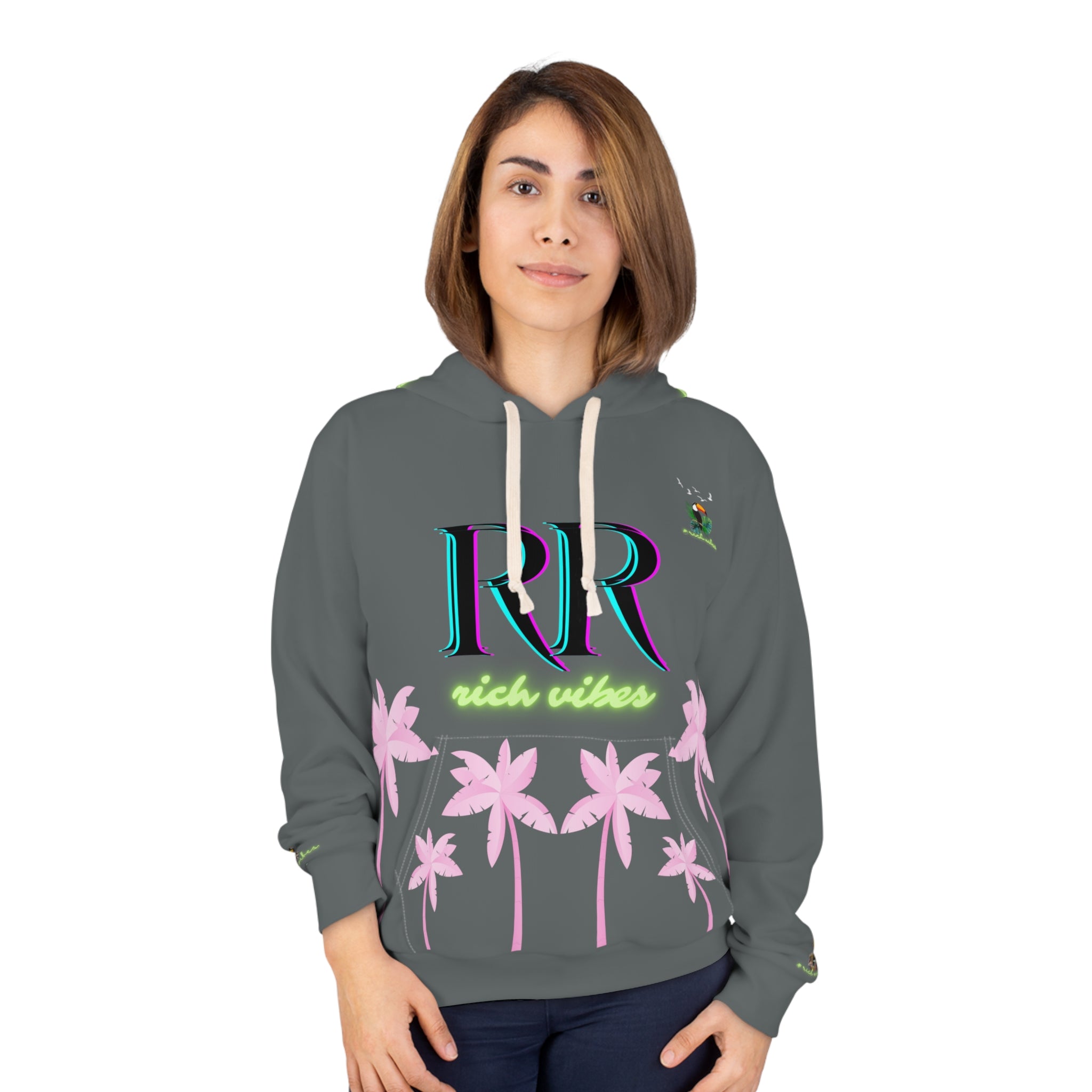 Rich Vibes Volt Green RR Grey Tropical Pink Palm Tree Jungle Tiger - Unisex Pullover Hoodie (AOP)
