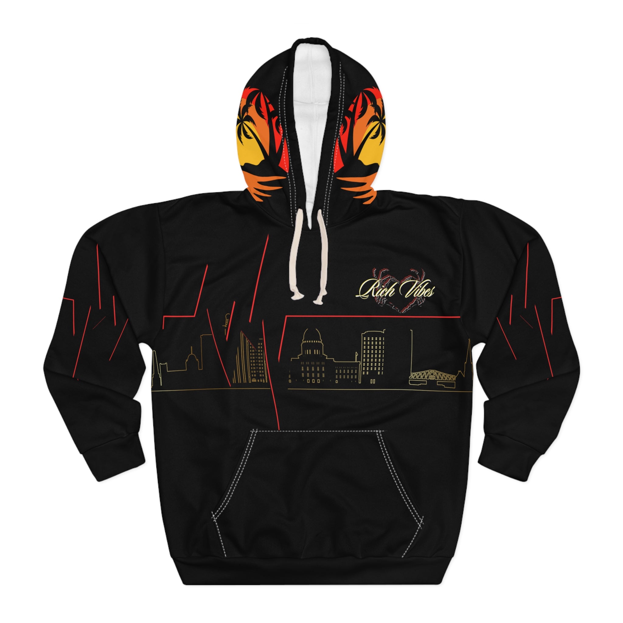 Rich Vibes Pulse of the City Sunset - Unisex Pullover Hoodie (AOP) Black
