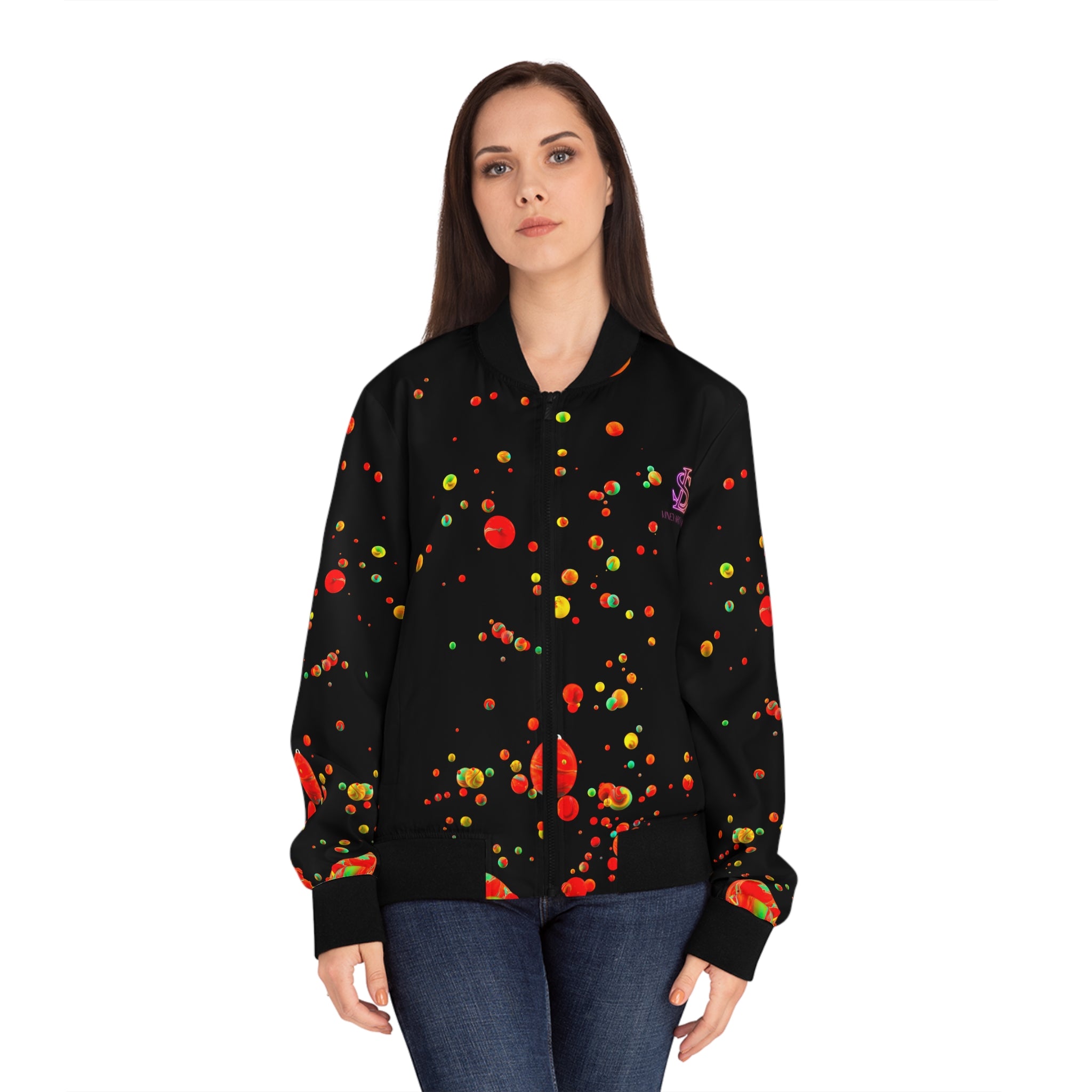 Vineyard Vibes LV Multi Colored Paint Drop  - Women's Light Pink Bomber Jacket (AOP)