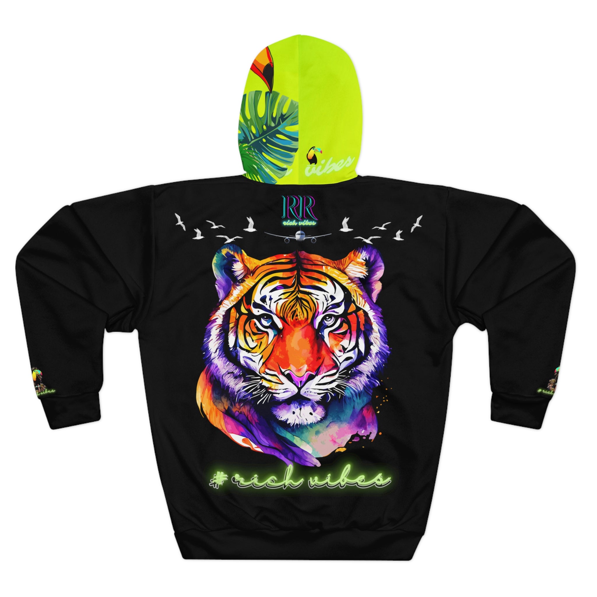 Rich Vibes Lime Green Volt RR Tropical Jungle Tiger 1.2 - Unisex Pullover Hoodie (AOP)