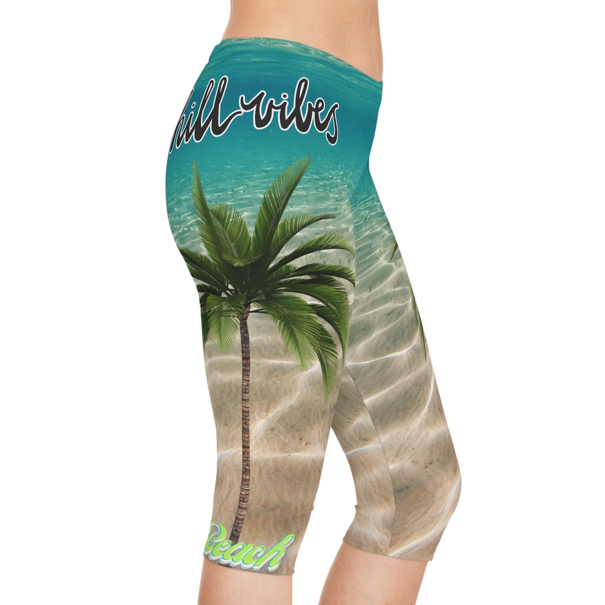 Vineyard Vibes Aqua Print Chill Beach Vibes 2.0 - Women's Capri Leggings (AOP)