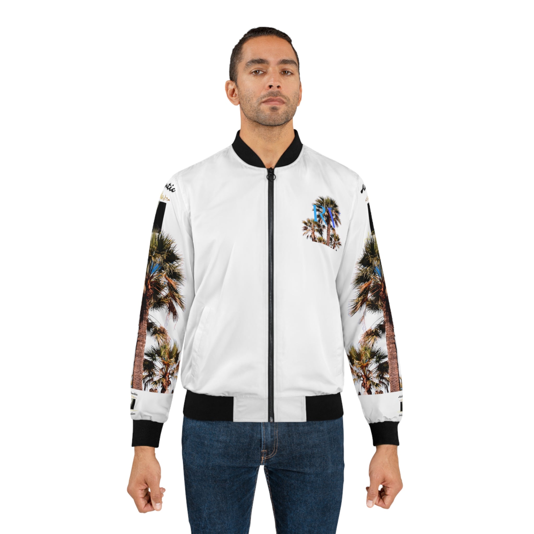 RICH VIBES RV Palm Tree Sunset Flight Authentic Signature Collection - Men's White Bomber Jacket (AOP)