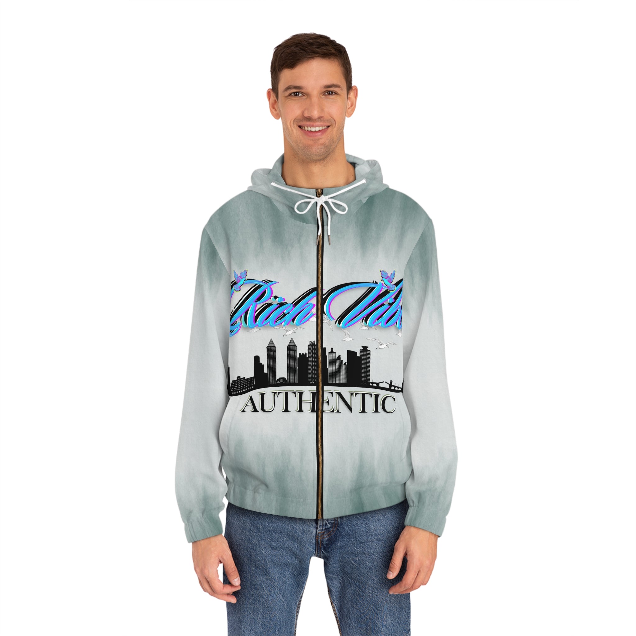 Rich Vibes Authentic RV Denim Blue City Skyline - Men's Full-Zip Hoodie (AOP)