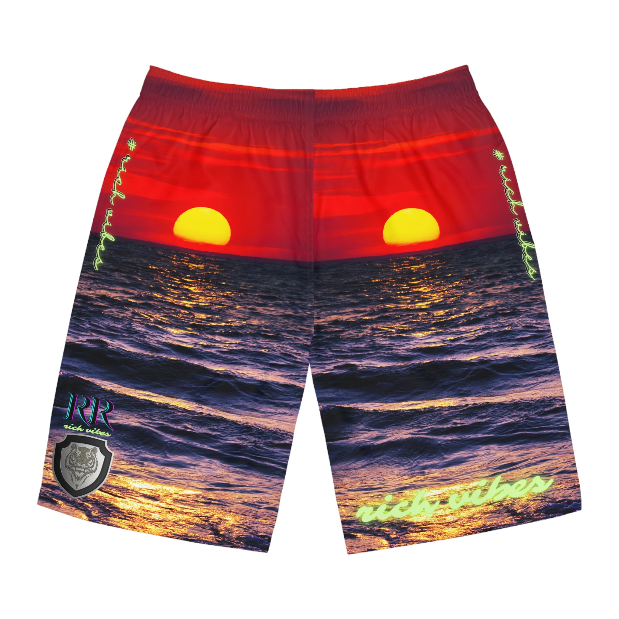 Rich Vibes RR Volt Red Opal Sunset Tiger Shield 2.0 - Men's Board Shorts (AOP)