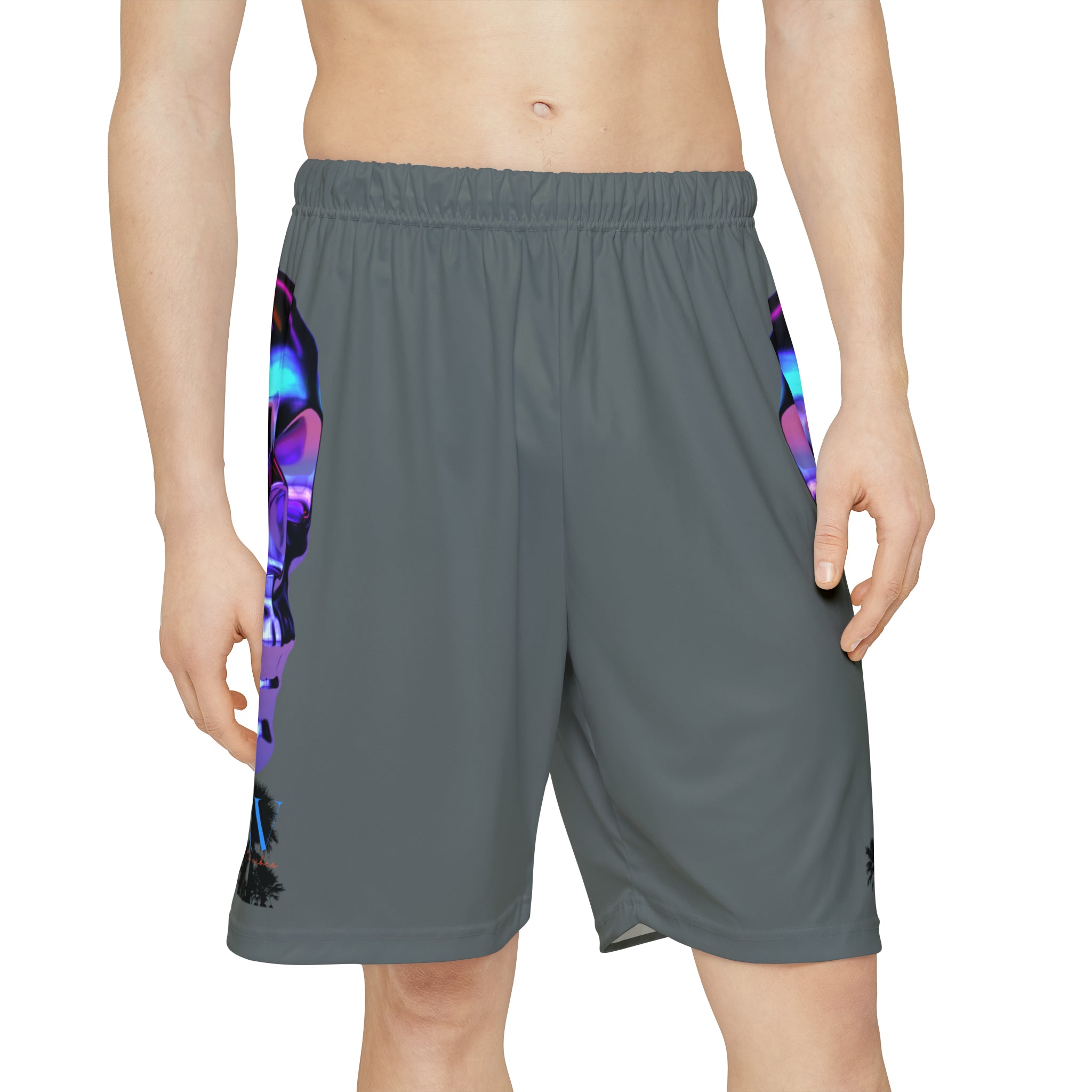 Rich Drip Psychedelic Metal Skull - RV Palm Tree Silhouette Men’s Sports Shorts (AOP) D-Grey
