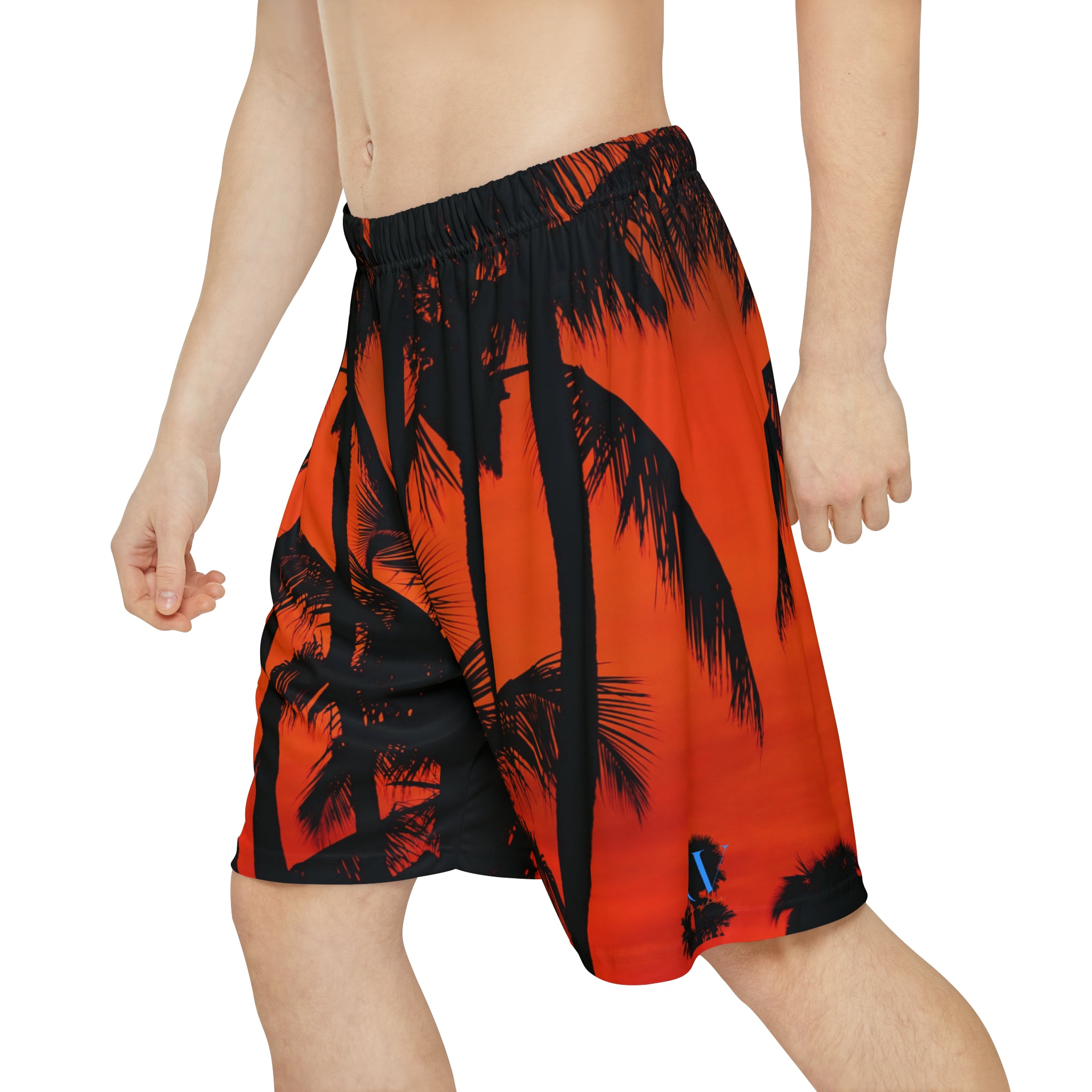 Rich Vibes Red Sunset RV Palm Tree Silhouette 2.0 - Men’s Sports Shorts (AOP) Black