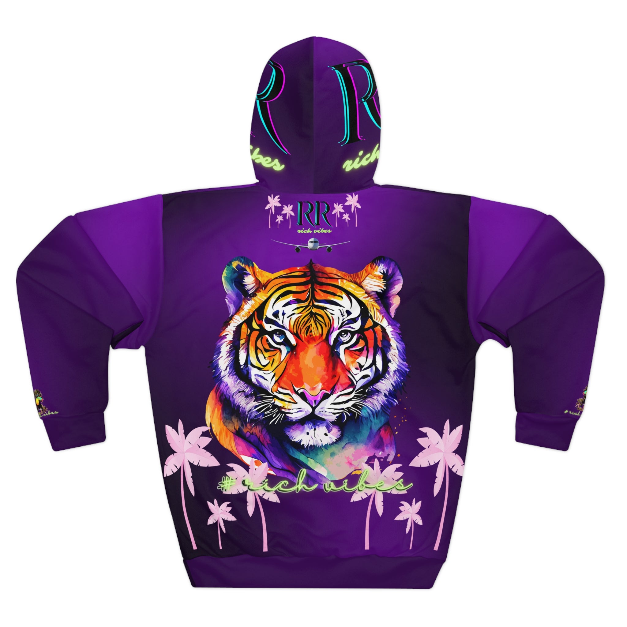 Rich Vibes Volt Green RR Royal Purple Tropical Pink Palm Tree Jungle Tiger - Unisex Pullover Hoodie (AOP)