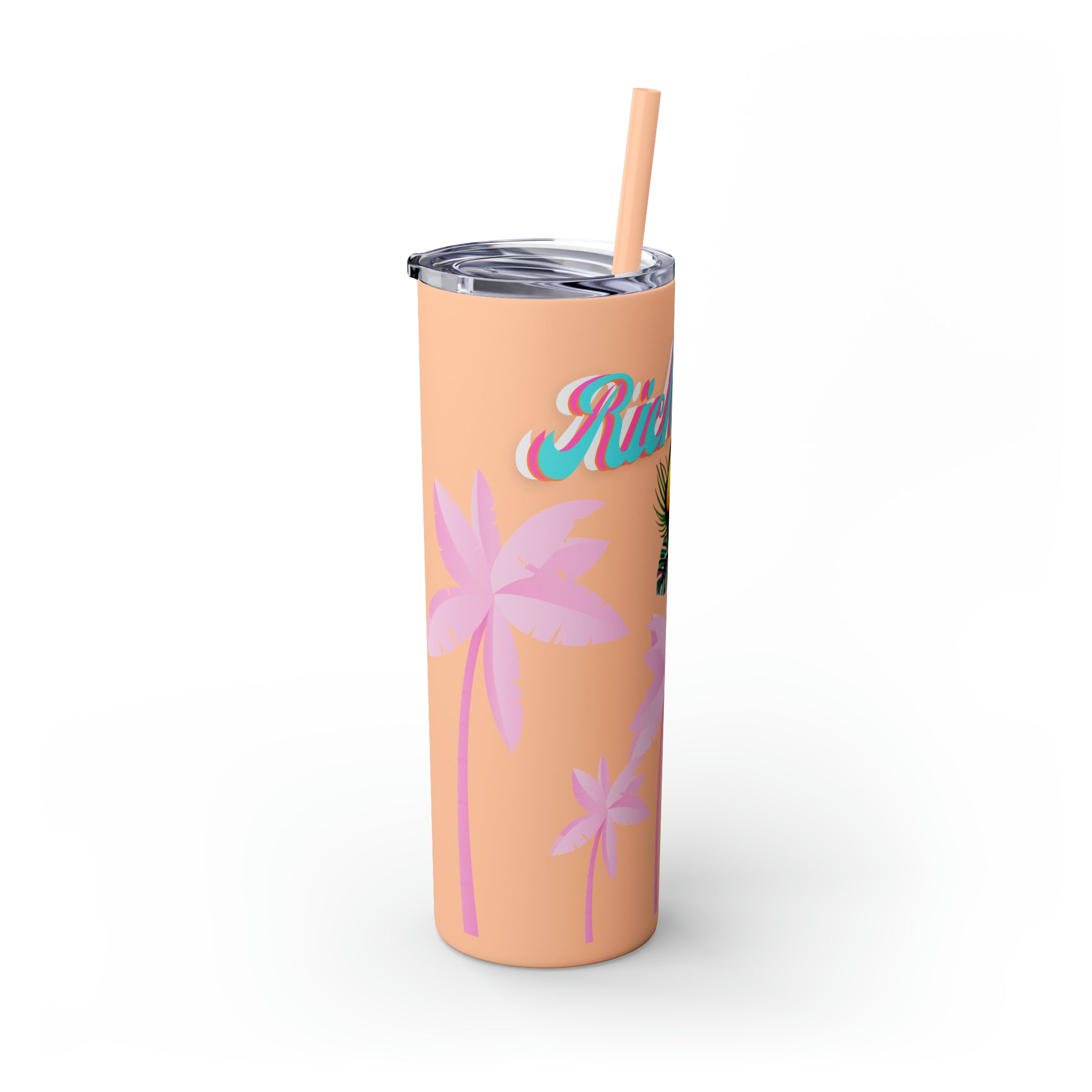 Rich Drip Tropical Pink Palm Tree - Skinny Tumbler with Straw, 20oz