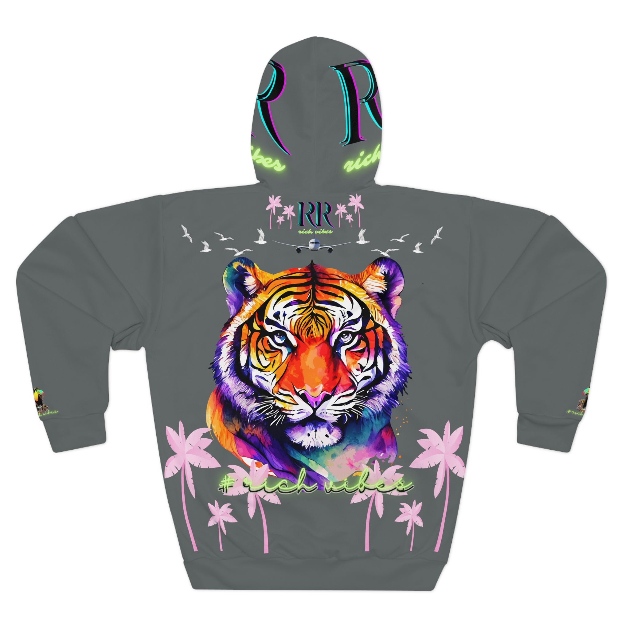 Rich Vibes Volt Green RR Grey Tropical Pink Palm Tree Jungle Tiger - Unisex Pullover Hoodie (AOP)
