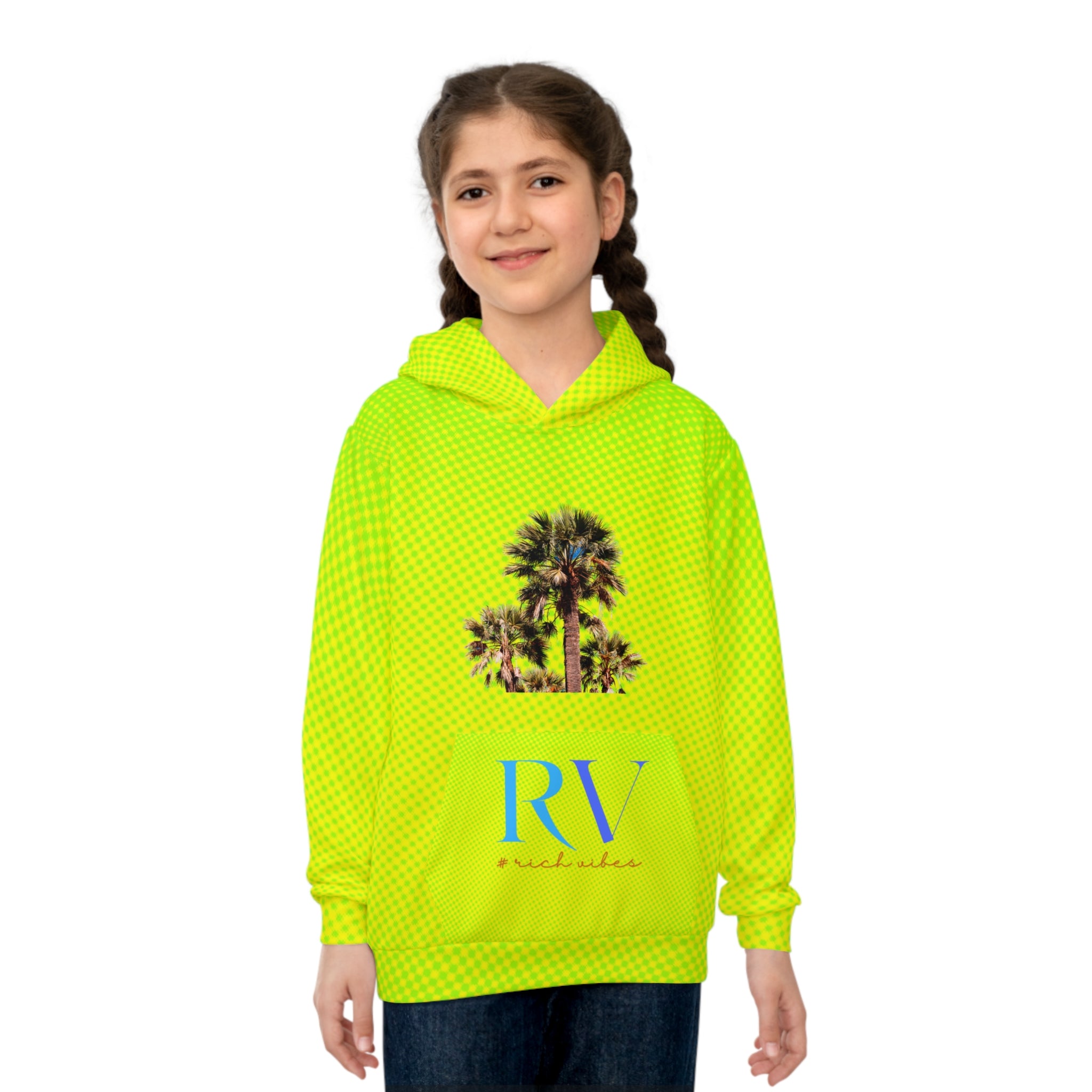 Rich Vibes Follow Your Dreams Volt Green RV Color Palm Tree Black 3 -  Children's Hoodie (AOP)