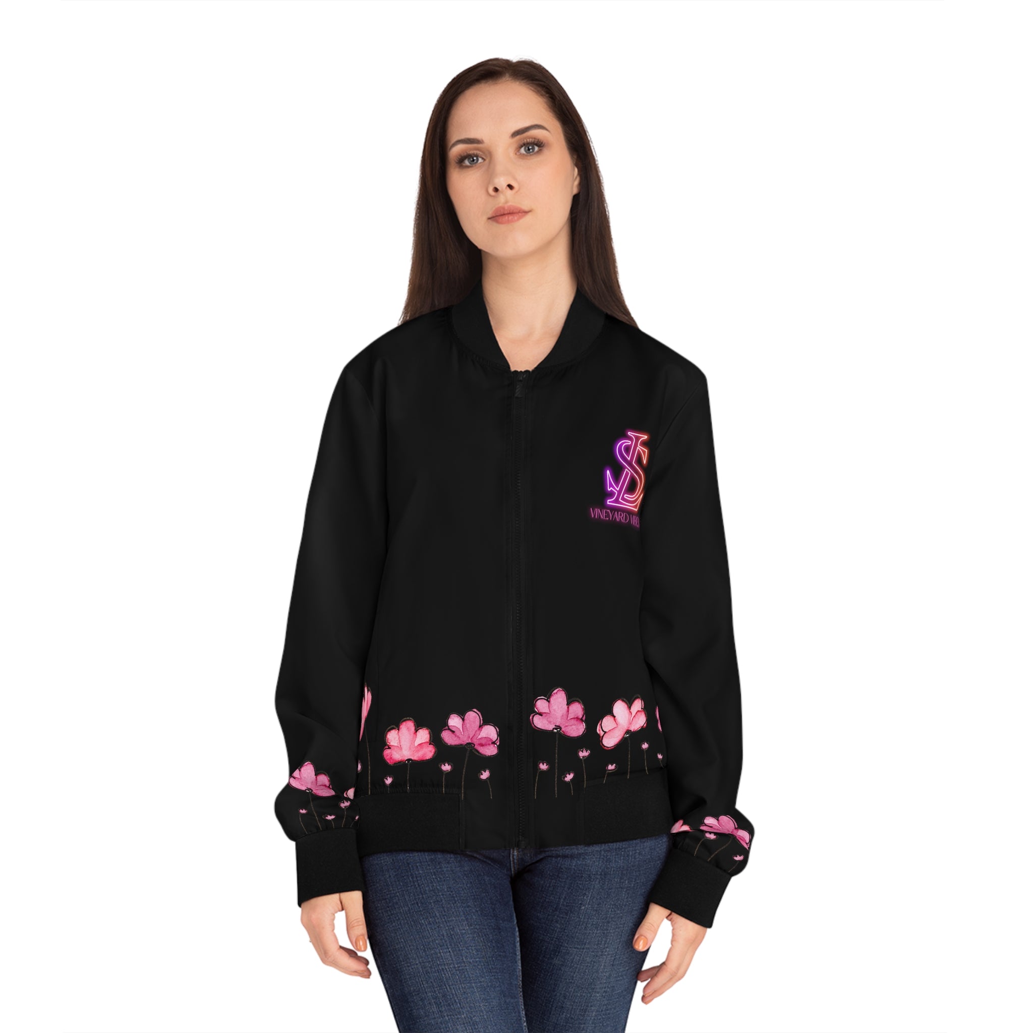 Vineyard Vibes Pink Flower LS LIFESTYLE 1.5 - Women's Black Bomber Jacket (AOP)