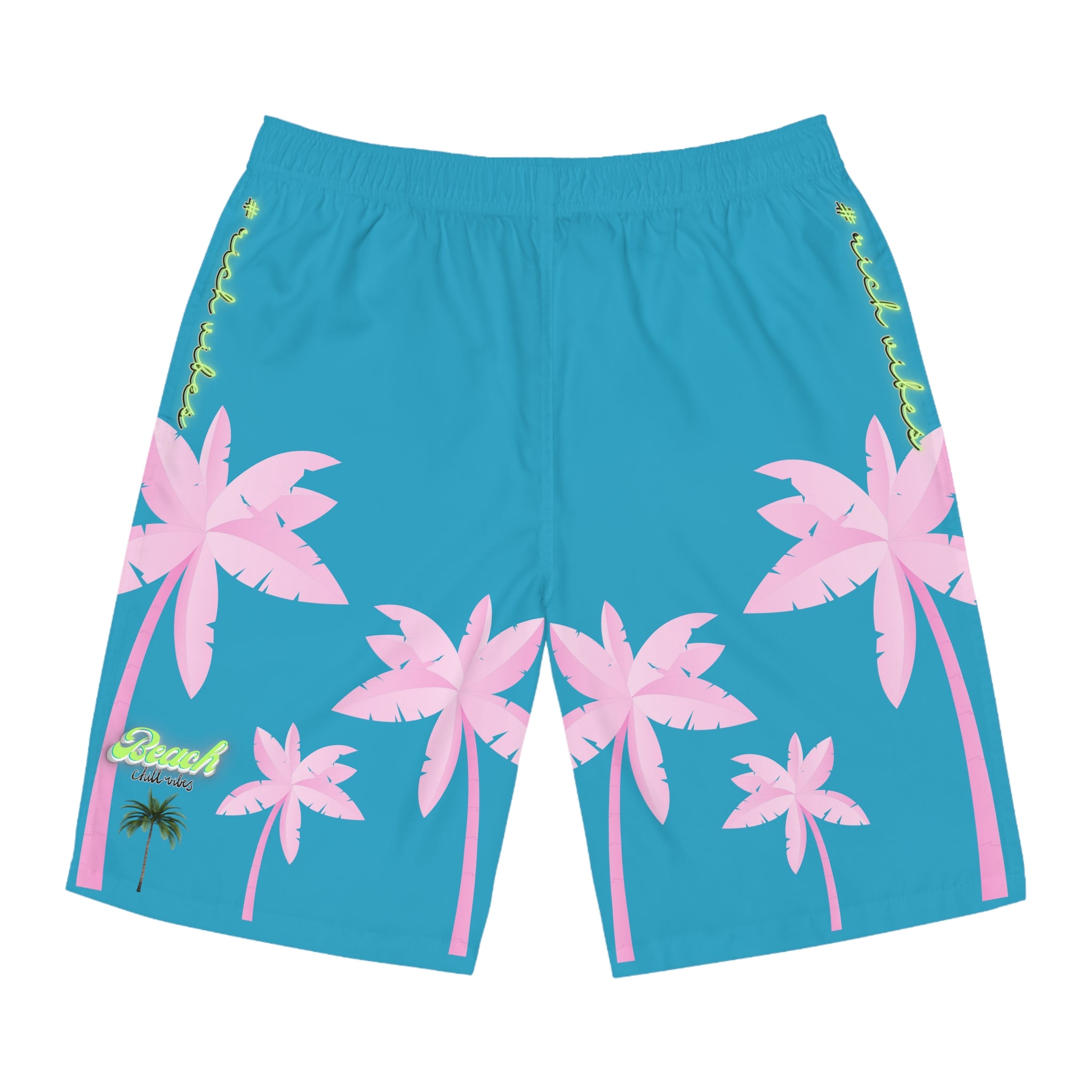 Rich Vibes Turquoise Tropical Pink Palm Tree Beach Chill Vibes 1.2 - Men's Board Shorts (AOP)