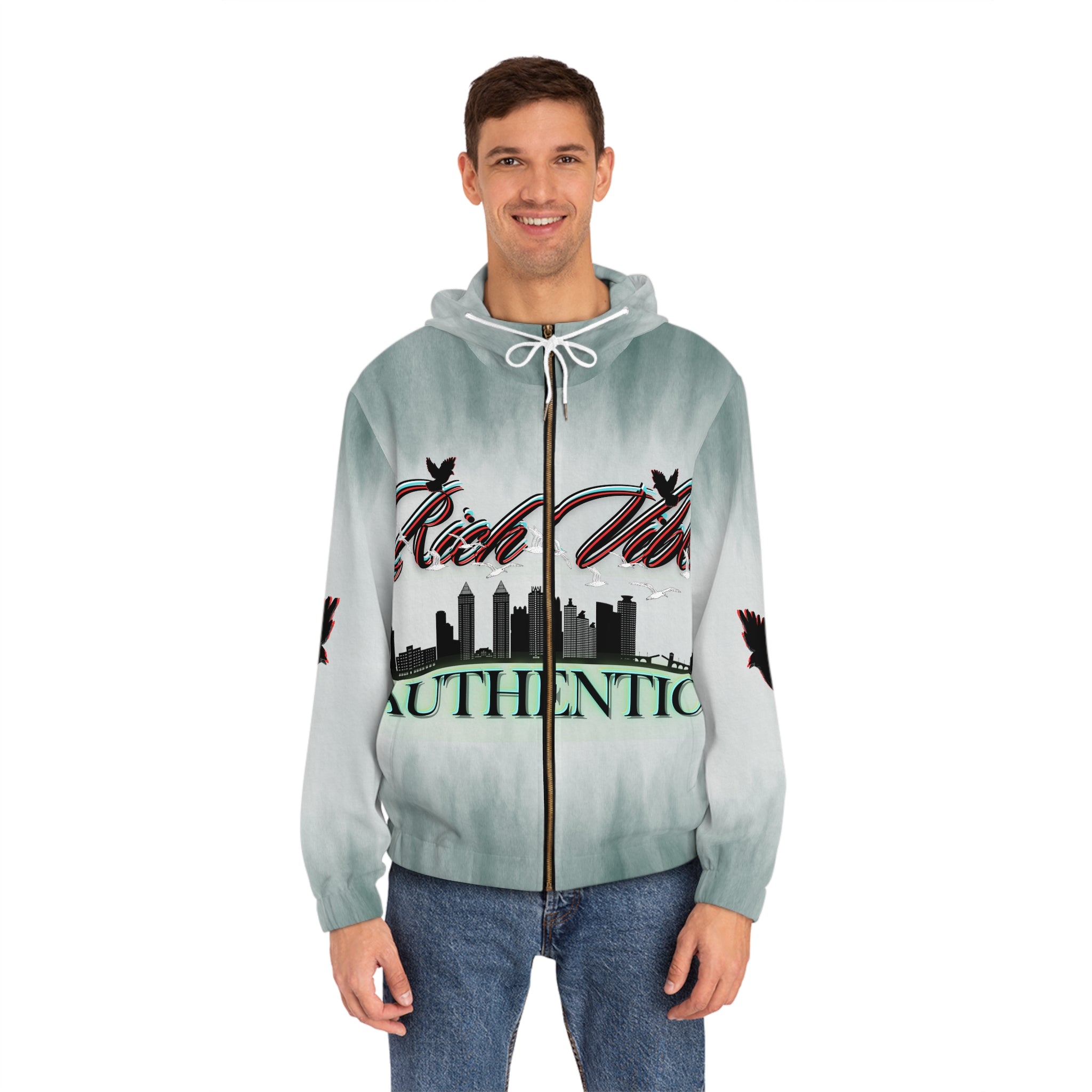 Rich Vibes Authentic Black Bird City Skyline 1.5 - Men's Full-Zip Hoodie (AOP)