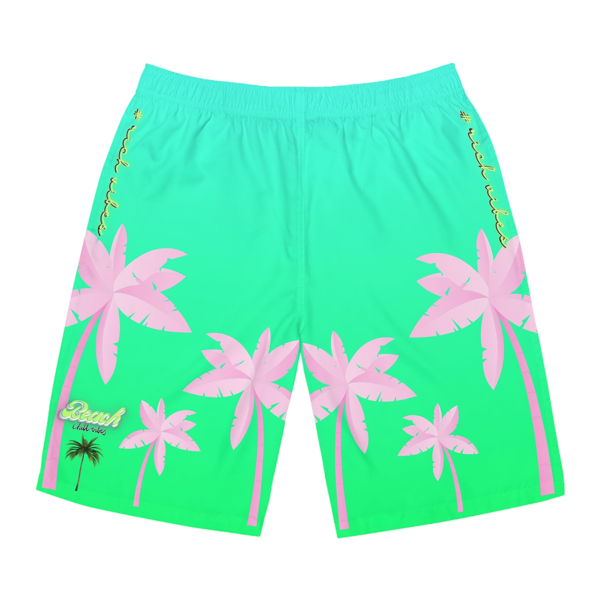 Rich Vibes Volt Green Tropical Pink Palm Tree Beach Chill Vibes 1.0 - Men's Board Shorts (AOP)