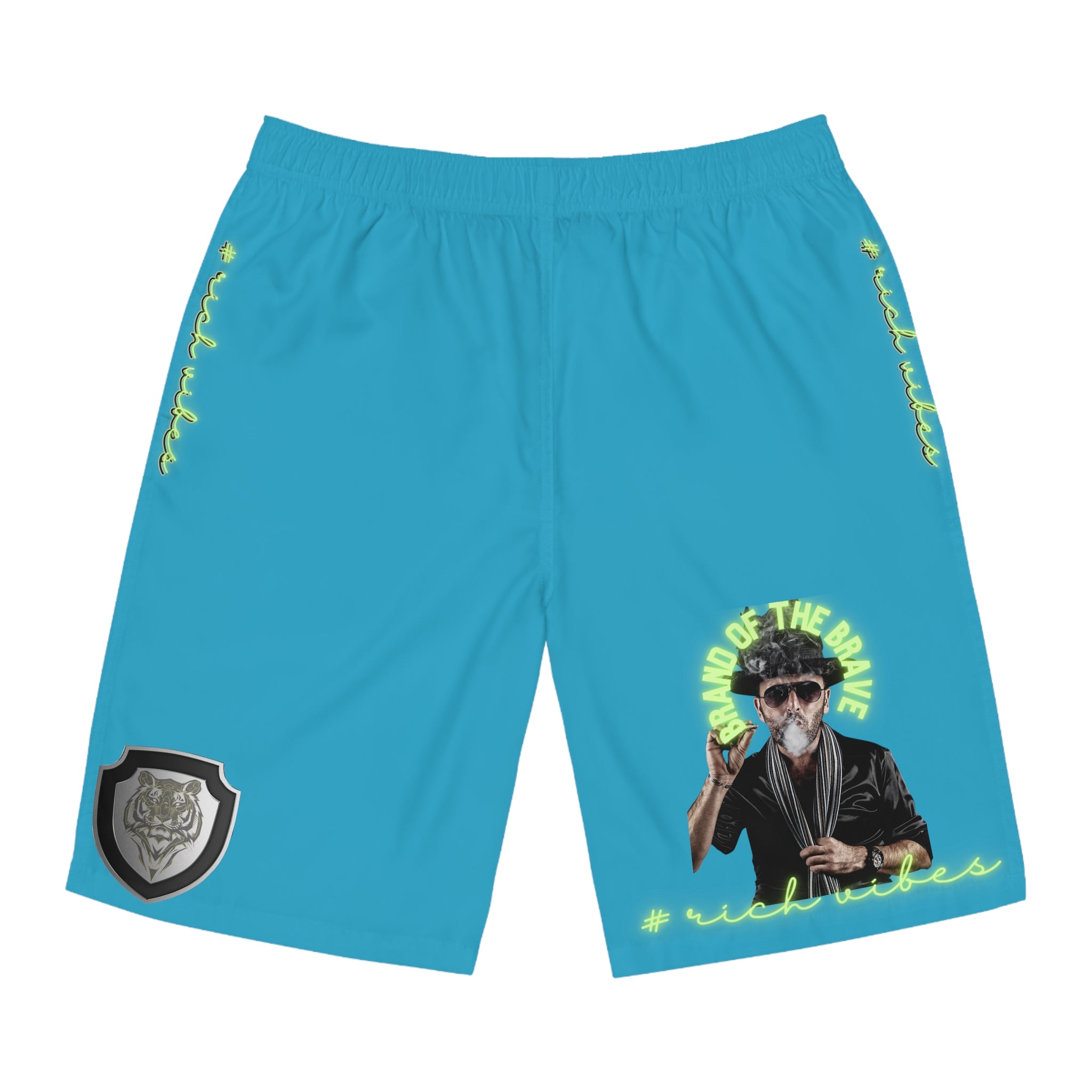 Rich Vibes Brand Of The Brave Volt MG Tiger Shield Turquoise - Men's Board Shorts (AOP)