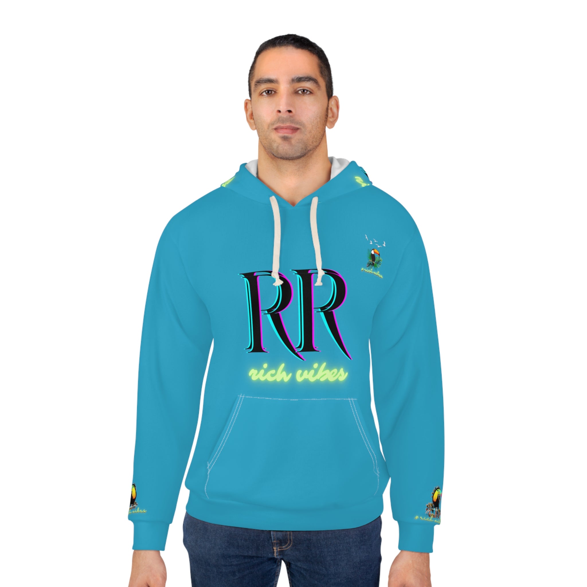 Rich Vibes Volt Green RR Turquoise Tropical Jungle Tiger - Unisex Pullover Hoodie (AOP)