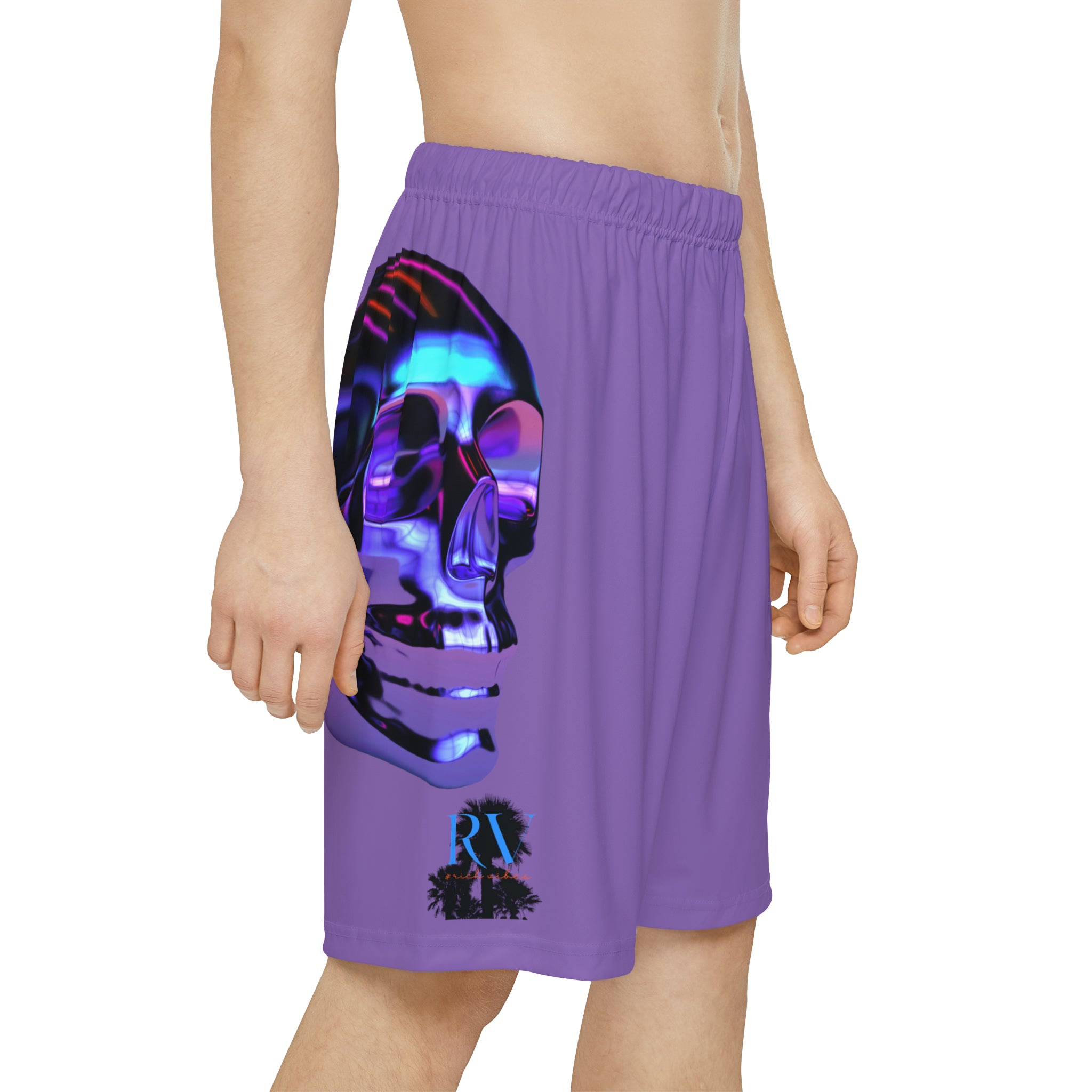 Rich Drip Psychedelic Metal Skull - RV Palm Tree Silhouette Men’s Sports Shorts (AOP) Light Purple
