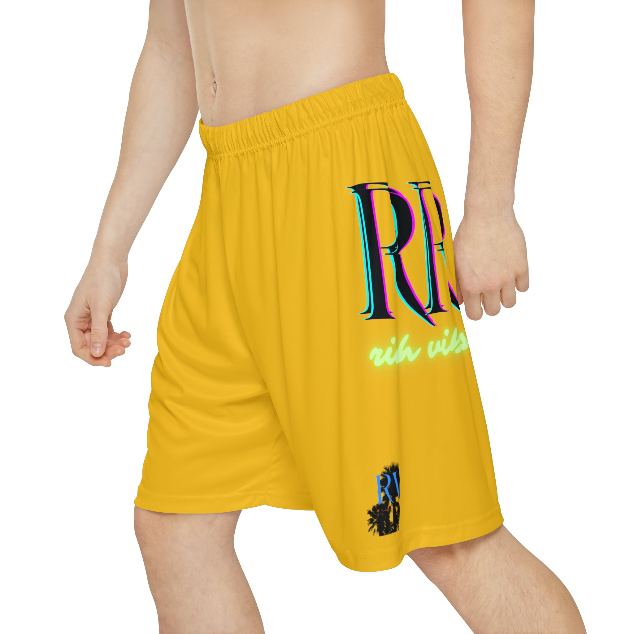 Rich Vibes RR RV Palm Tree Silhouette - Men’s Sports Shorts (AOP) Yellow