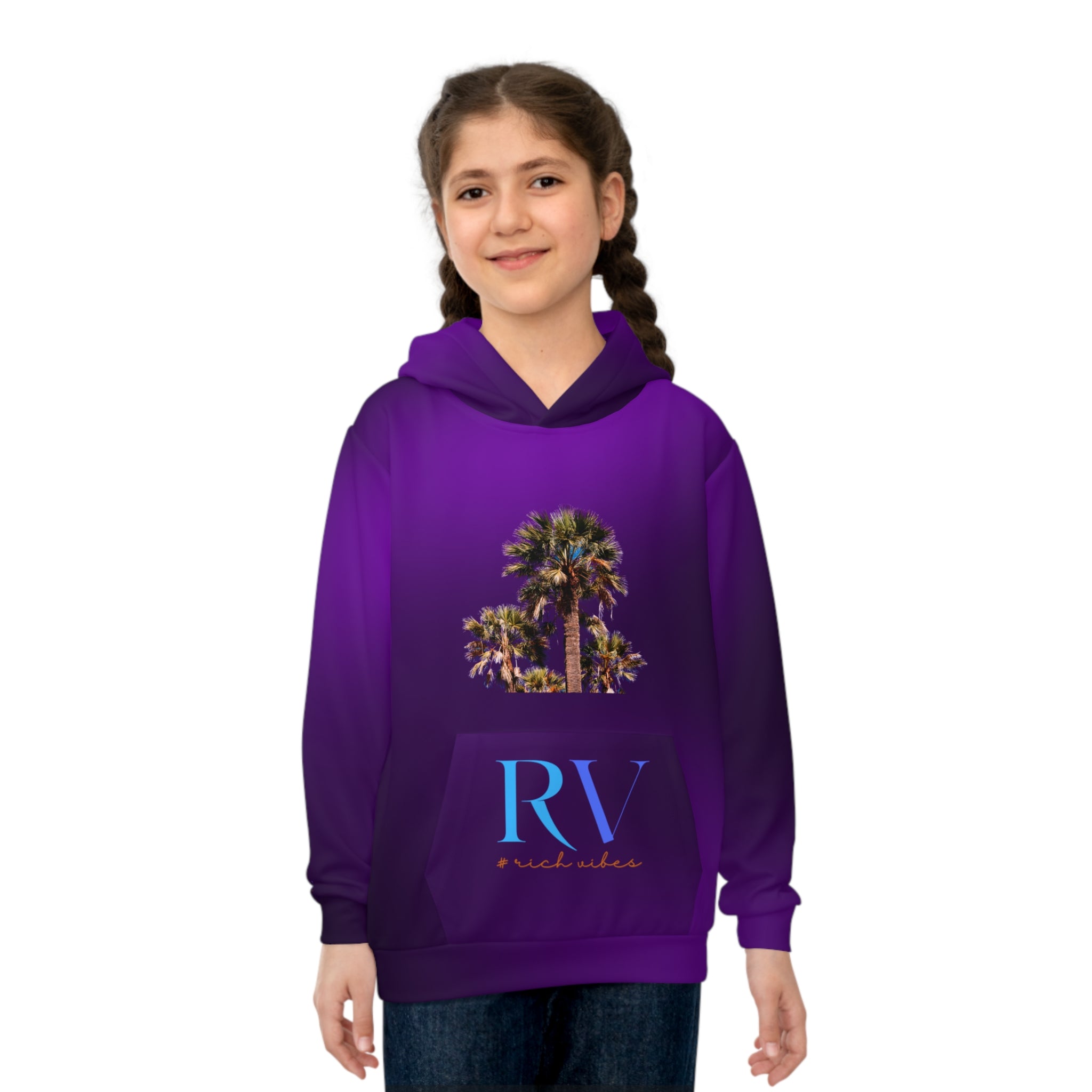 Rich Vibes Follow Your Dreams Royal Purple RV Color Palm Tree Black 3 -  Children's Hoodie (AOP)