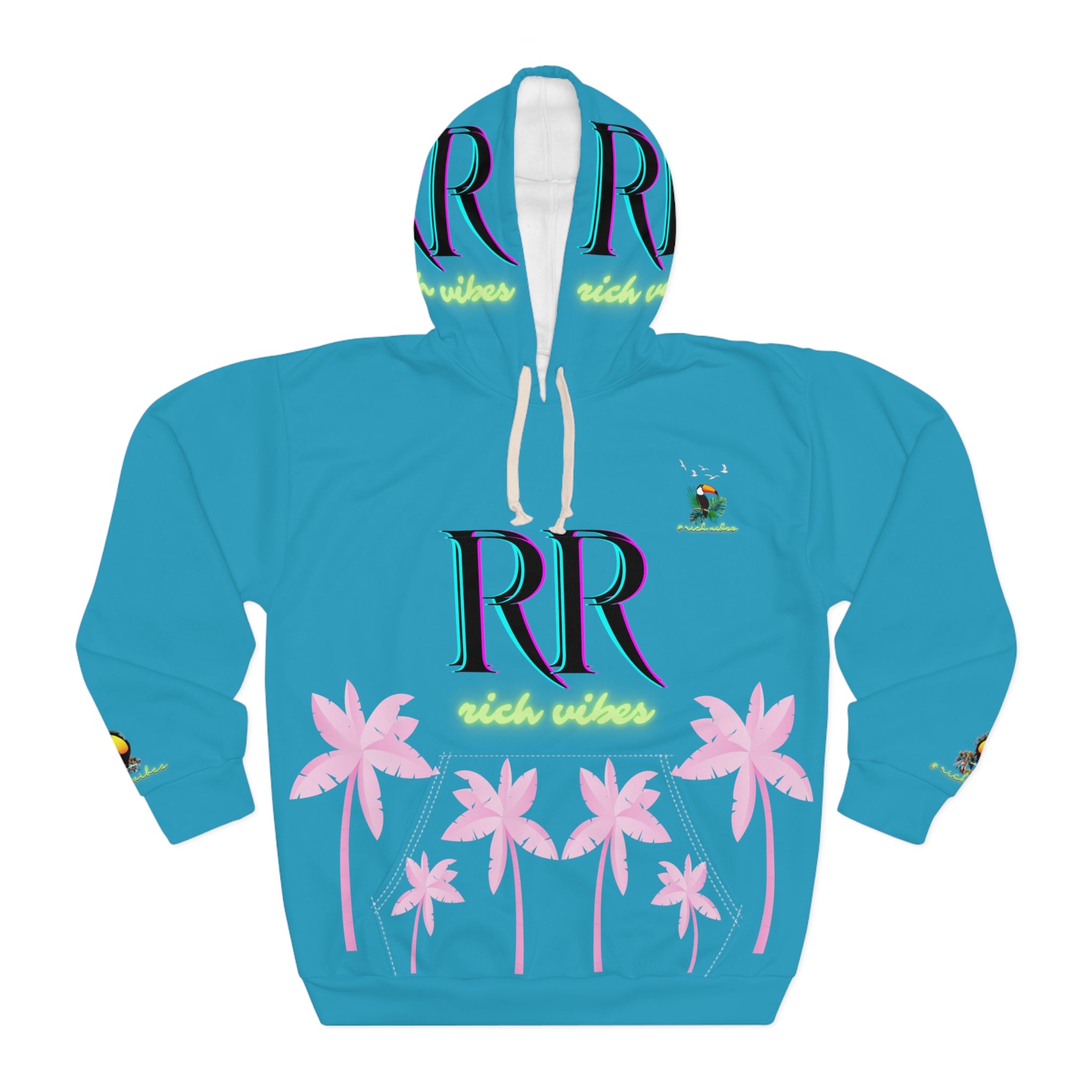 Rich Vibes Volt Green RR Turquoise Tropical Pink Palm Tree Jungle Tiger - Unisex Pullover Hoodie (AOP)