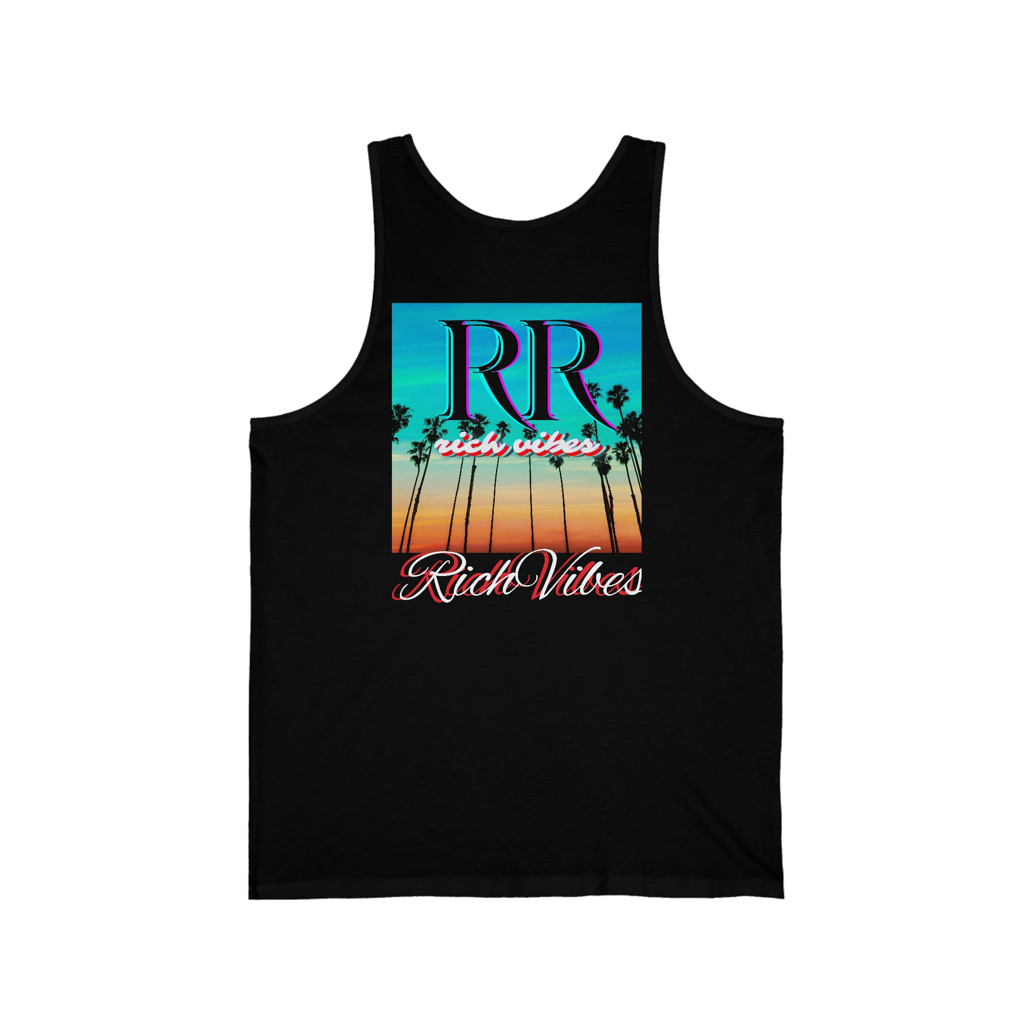 Rich Vibes RR Multi Colored Beach Sunset Drip Black - Unisex Jersey Tank