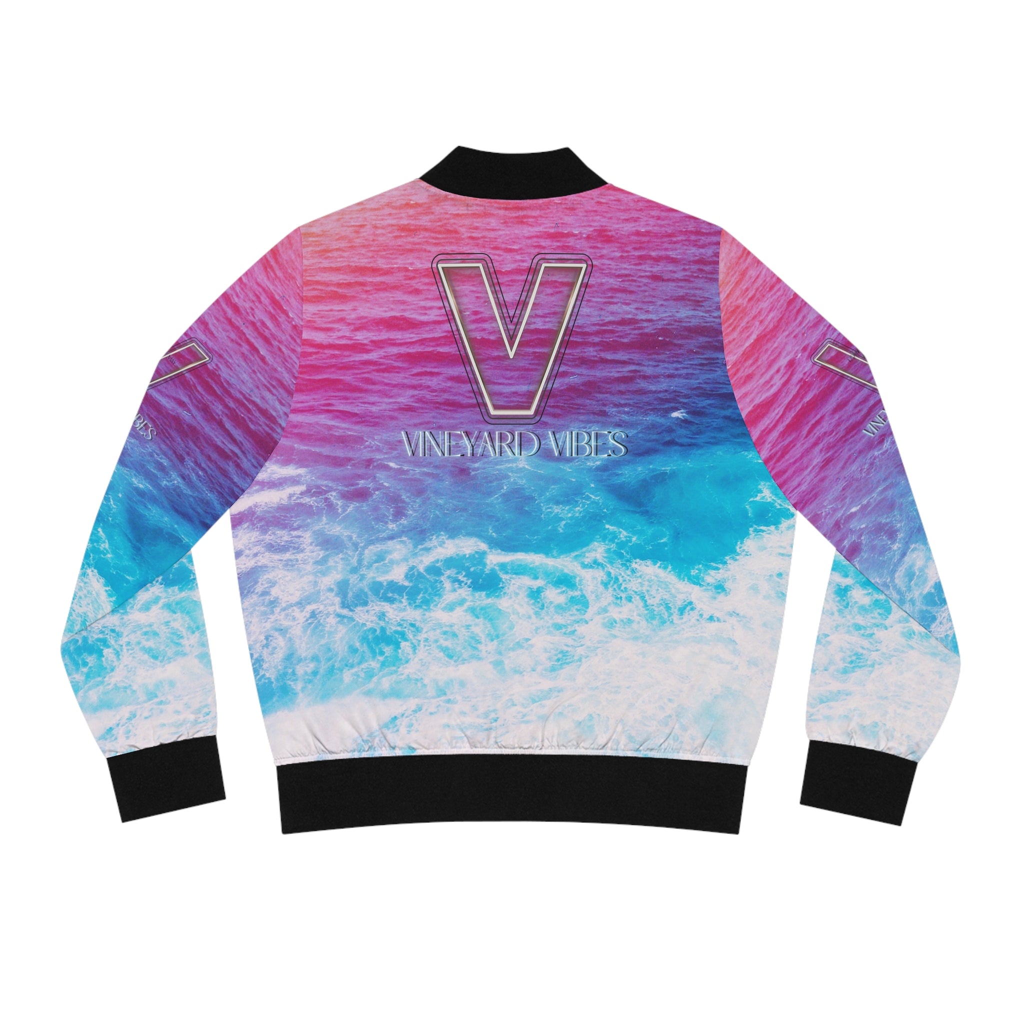 Vineyard Vibes V Purple Ocean wave - Women's White Bomber Jacket (AOP)