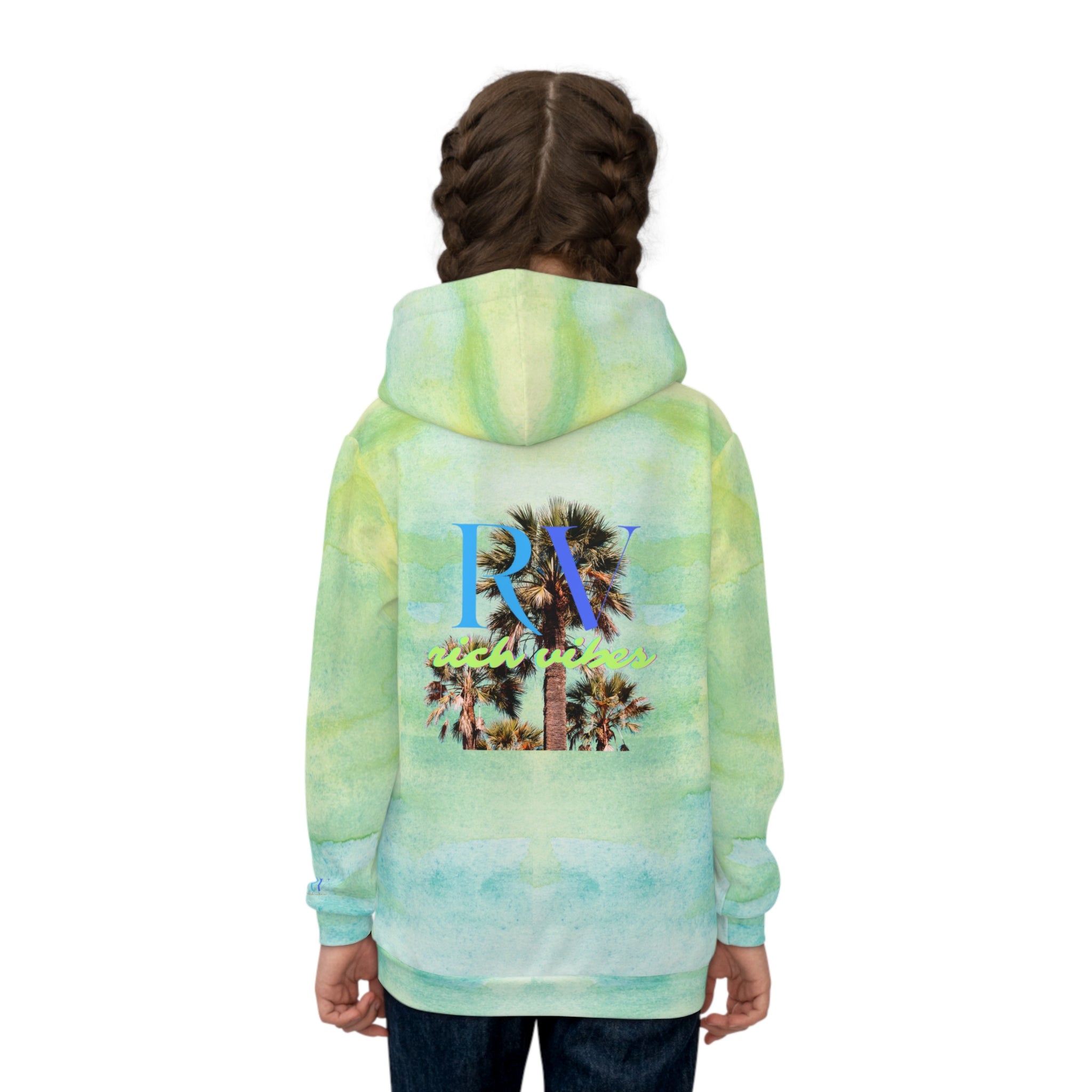 Rich Vibes Water Color Green RV Color Palm Tree -  Children's Hoodie (AOP)