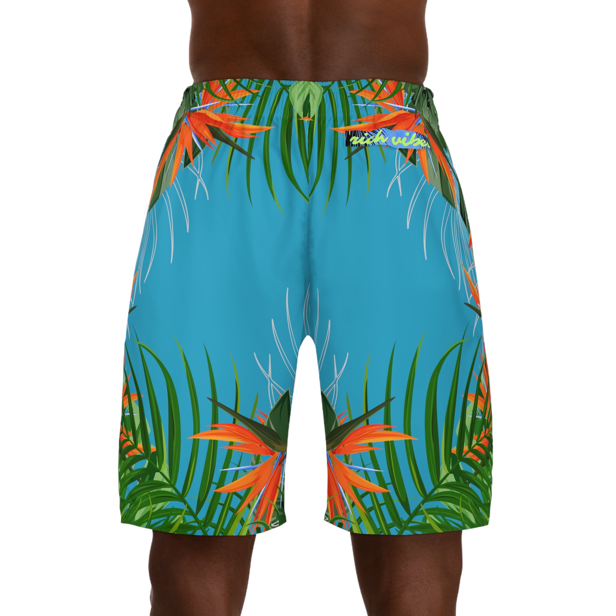 Rich Vibes Volt Turquoise Tropical Jungle Print - Men's Jogger Shorts (AOP)Black