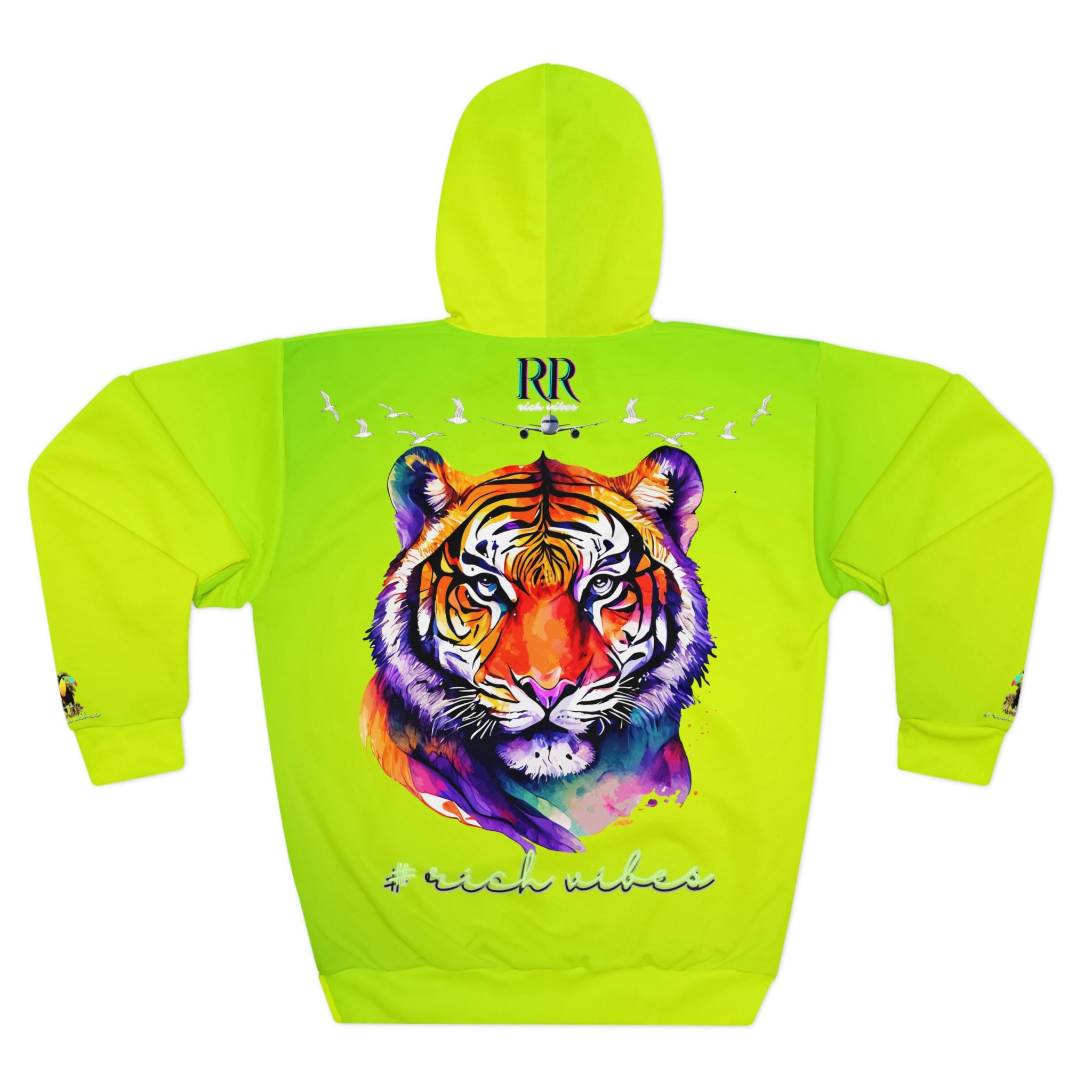 Rich Vibes Lime Green Volt RR Tropical Jungle Tiger 1.0 - Unisex Pullover Hoodie (AOP)
