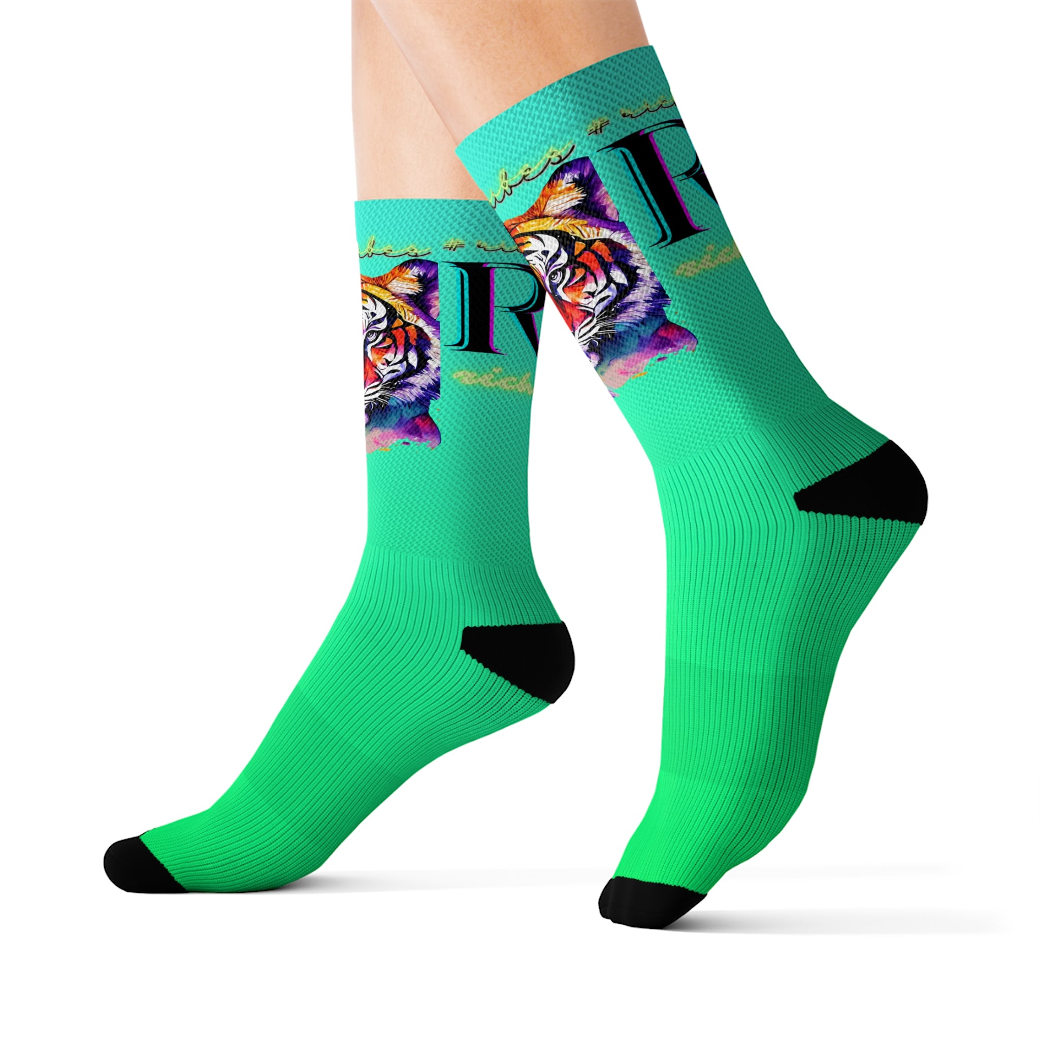 Rich Vibes RR Sea Green Tropical Jungle Tiger - Sublimation Socks Black