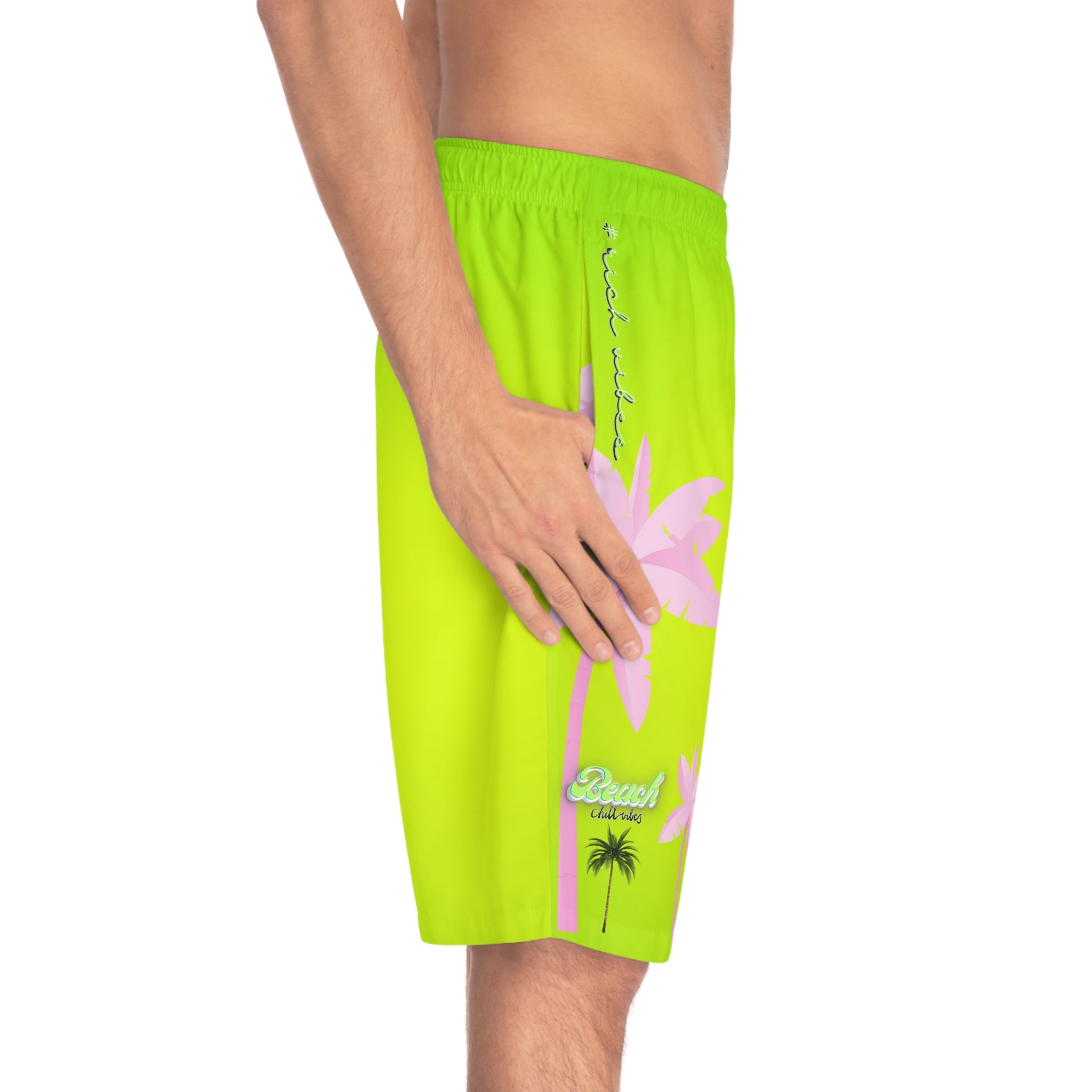 Rich Vibes Lime Green Tropical Pink Palm Tree Beach Chill Vibes 1.0 - Men's Board Shorts (AOP)