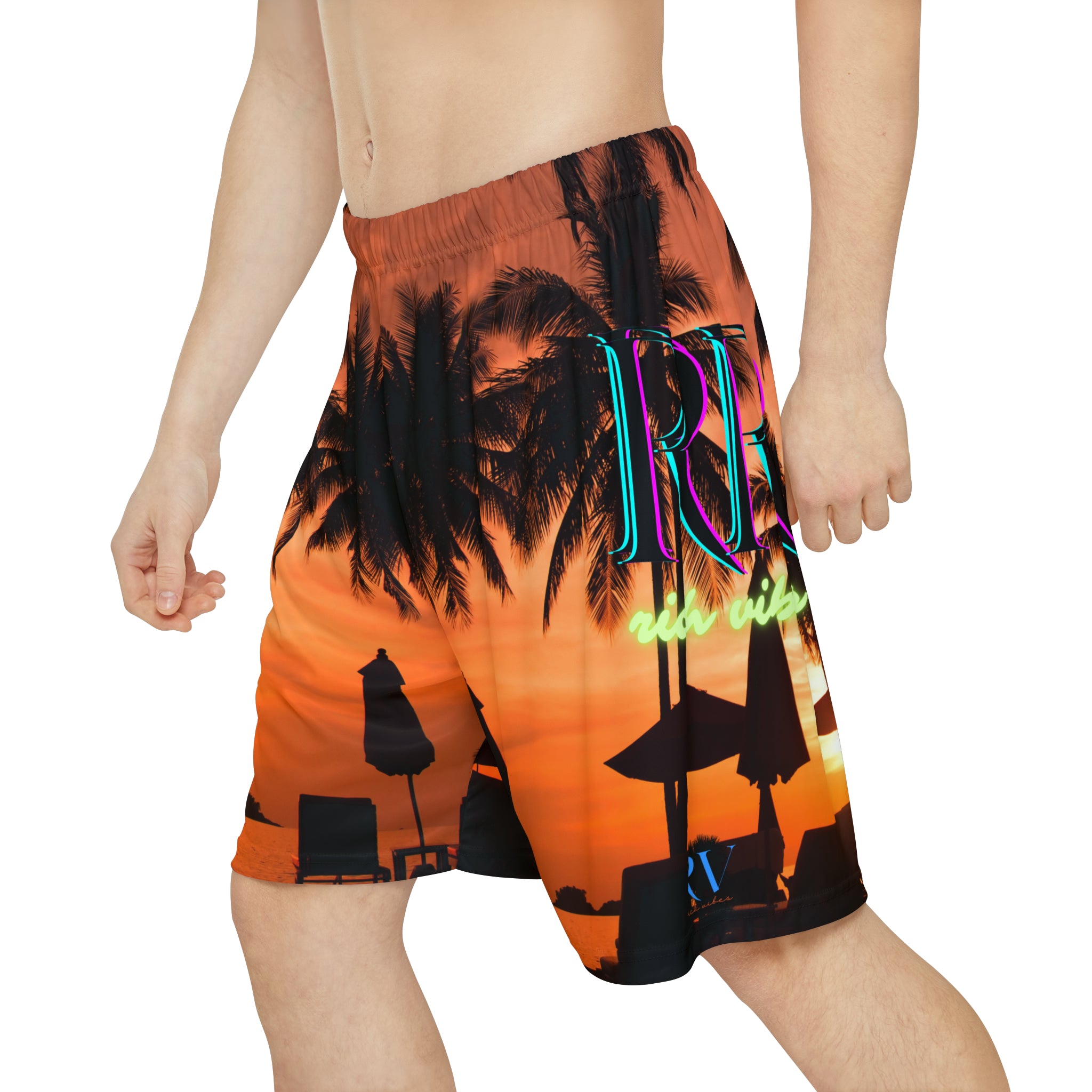 Rich Vibes RR Red Sunset RV Palm Tree Silhouette 1.0 Invert - Men’s Sports Shorts (AOP) Red