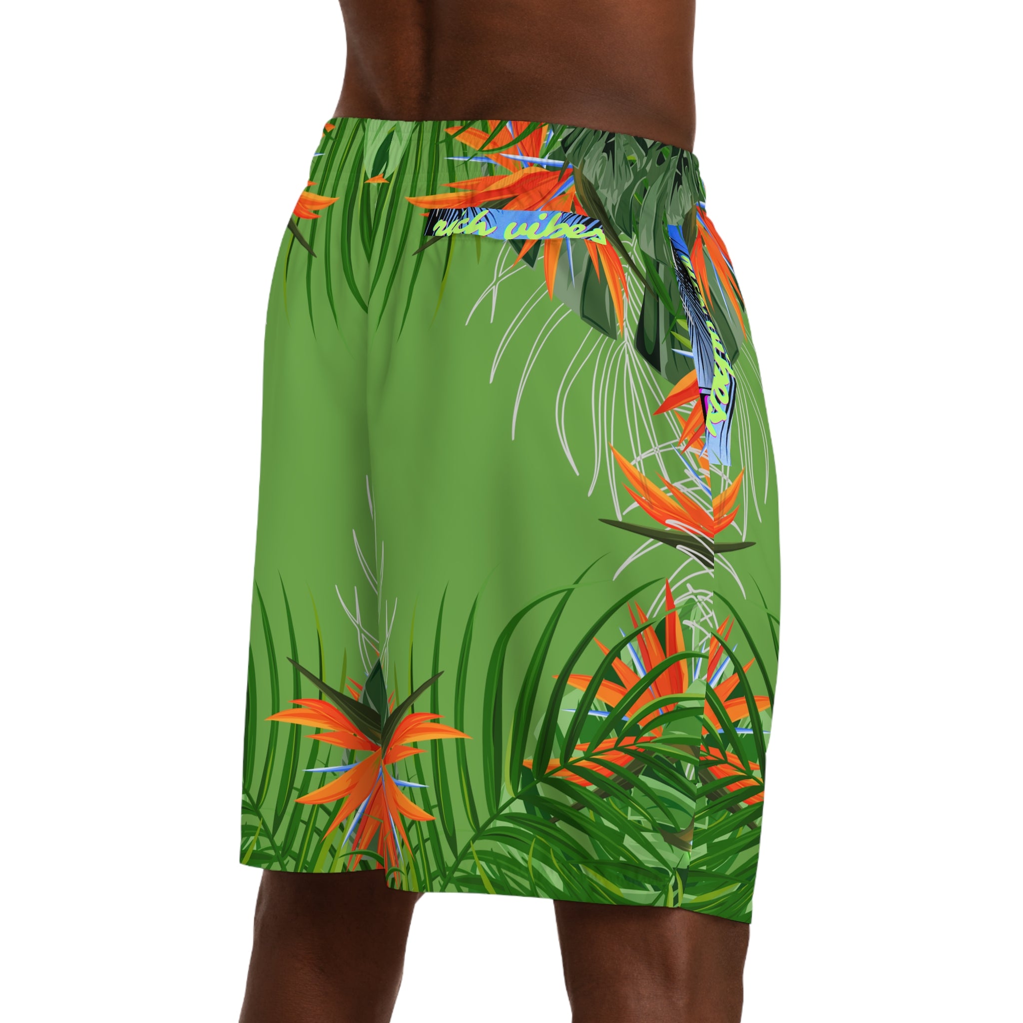 Rich Vibes Green Tropical Jungle Print - Men's Jogger Shorts (AOP)Black