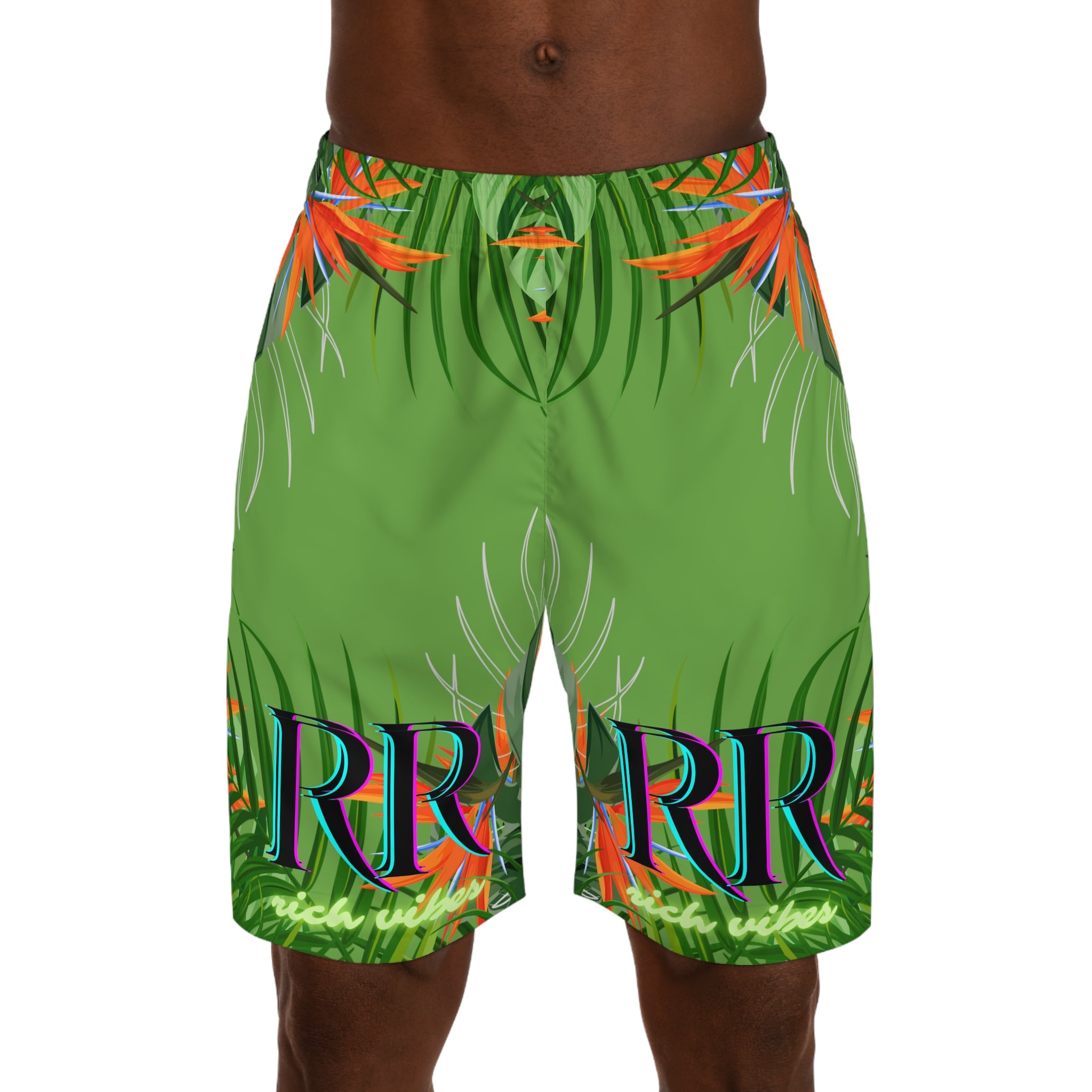 Rich Vibes Green Tropical Jungle Print - Men's Jogger Shorts (AOP)Black