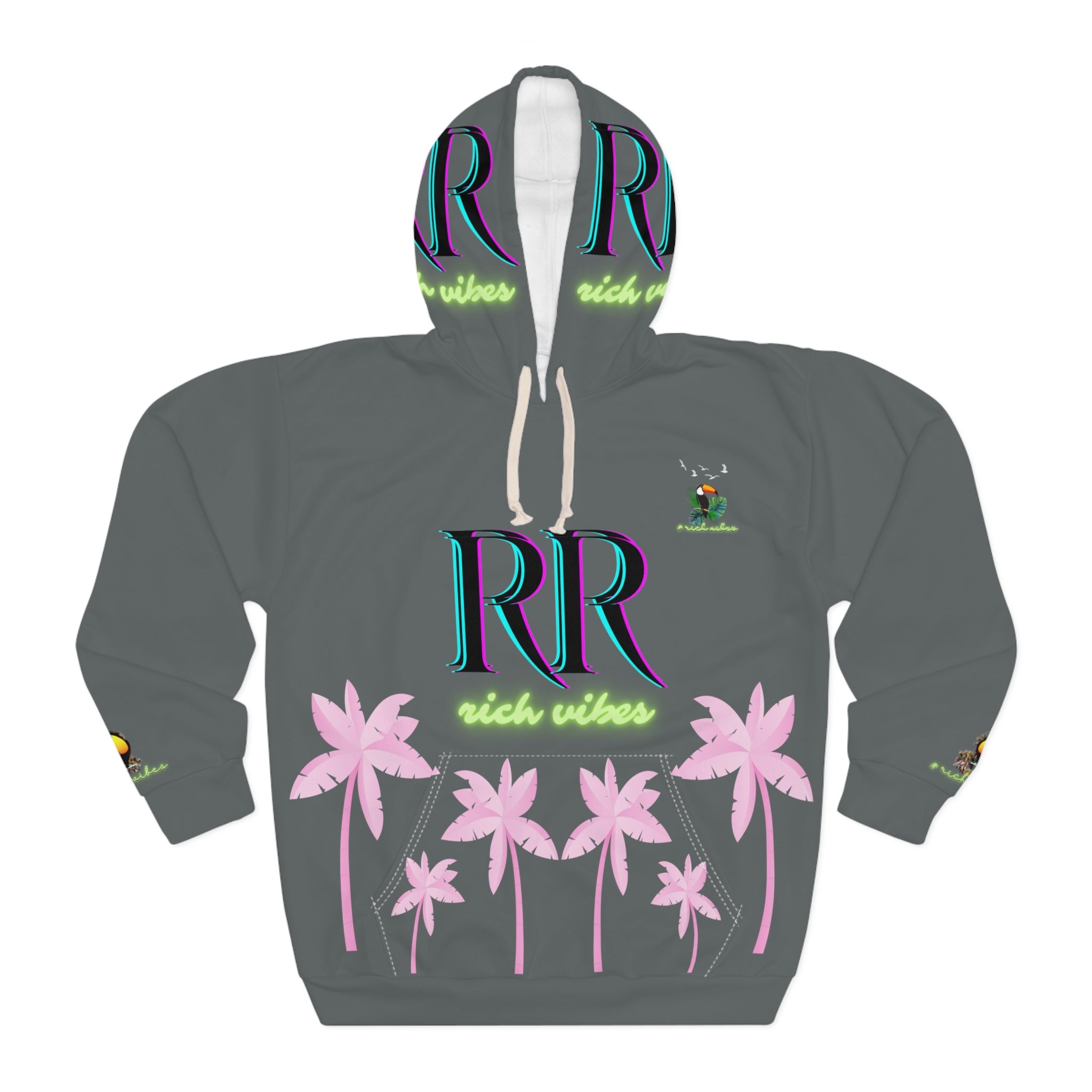Rich Vibes Volt Green RR Grey Tropical Pink Palm Tree Jungle Tiger - Unisex Pullover Hoodie (AOP)