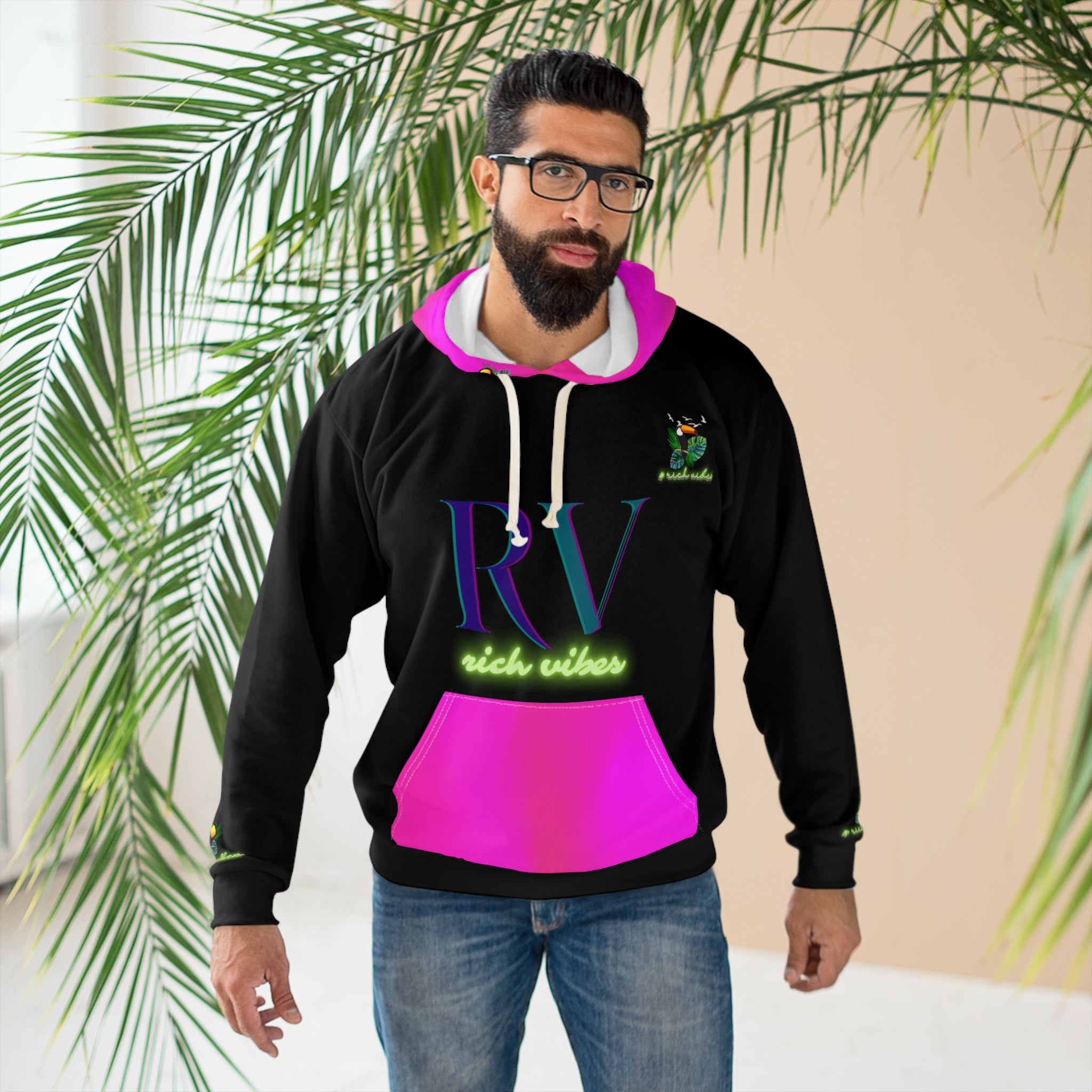 Rich Vibes Black Tropical Pink Volt RR Tropical Jungle Tiger 1.2 - Unisex Pullover Hoodie (AOP)
