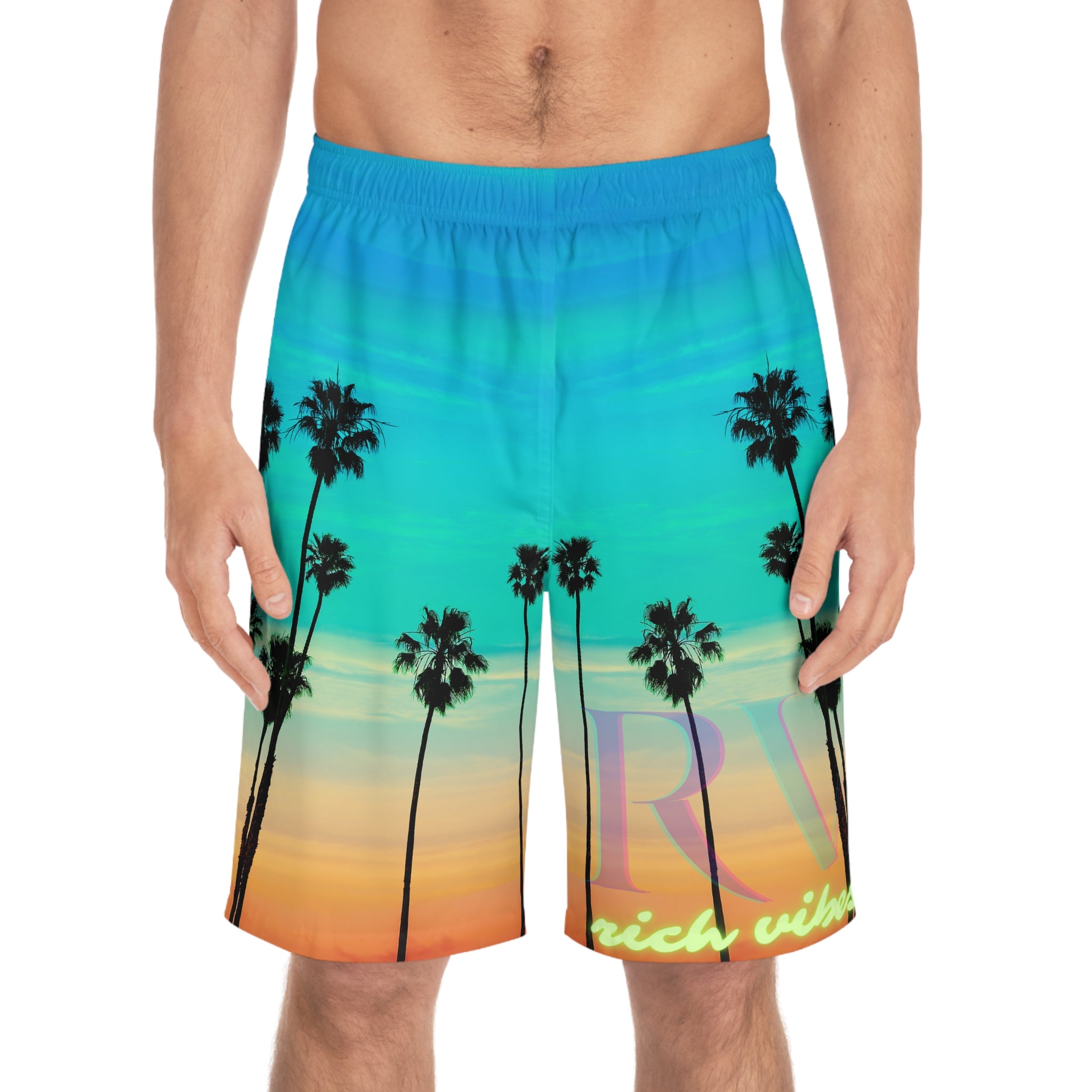 Rich Vibes Volt Turquoise Sunset Tiger Shield 2.0 - Men's Board Shorts (AOP)