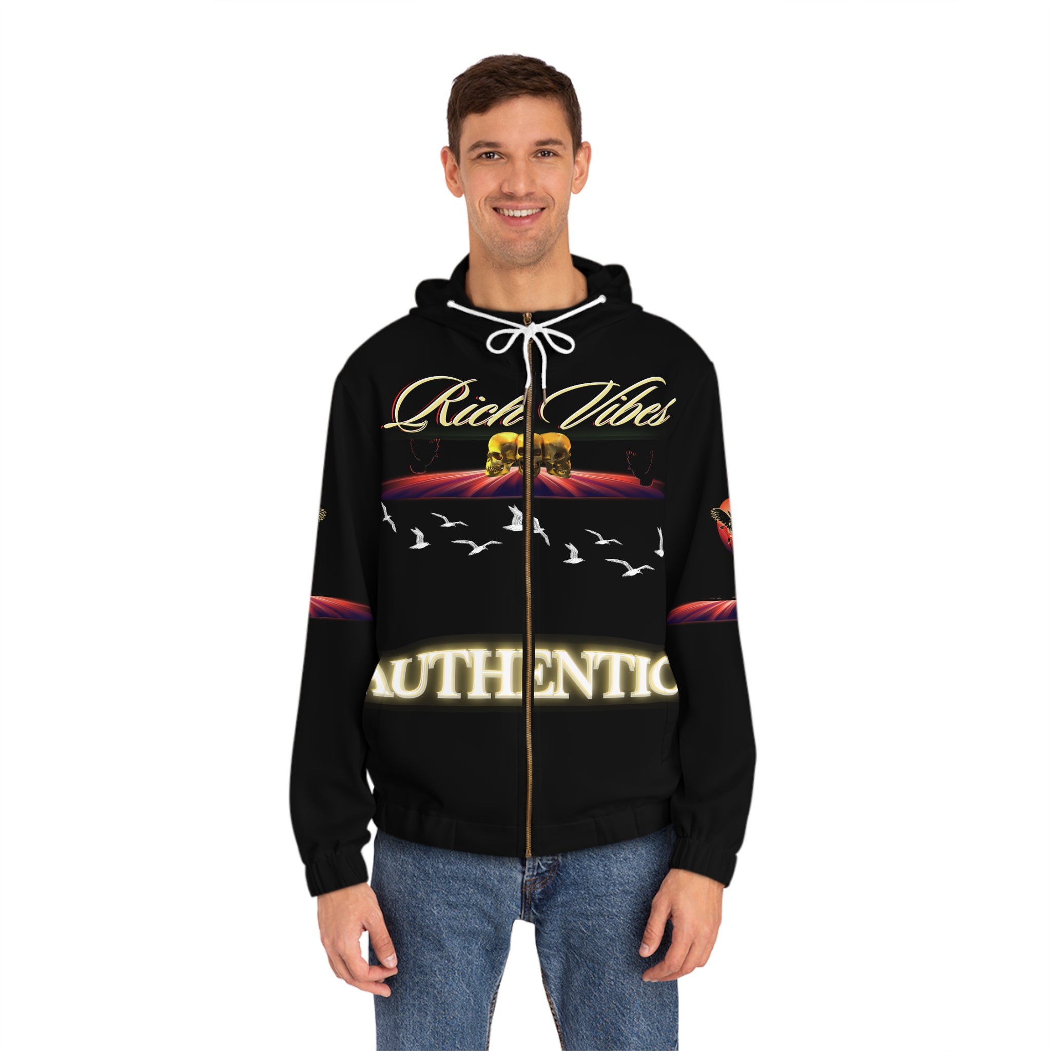 Rich Vibes Authentic Triple Golden Skull City Skyline 1.5 - Men's Full-Zip Hoodie (AOP) Black