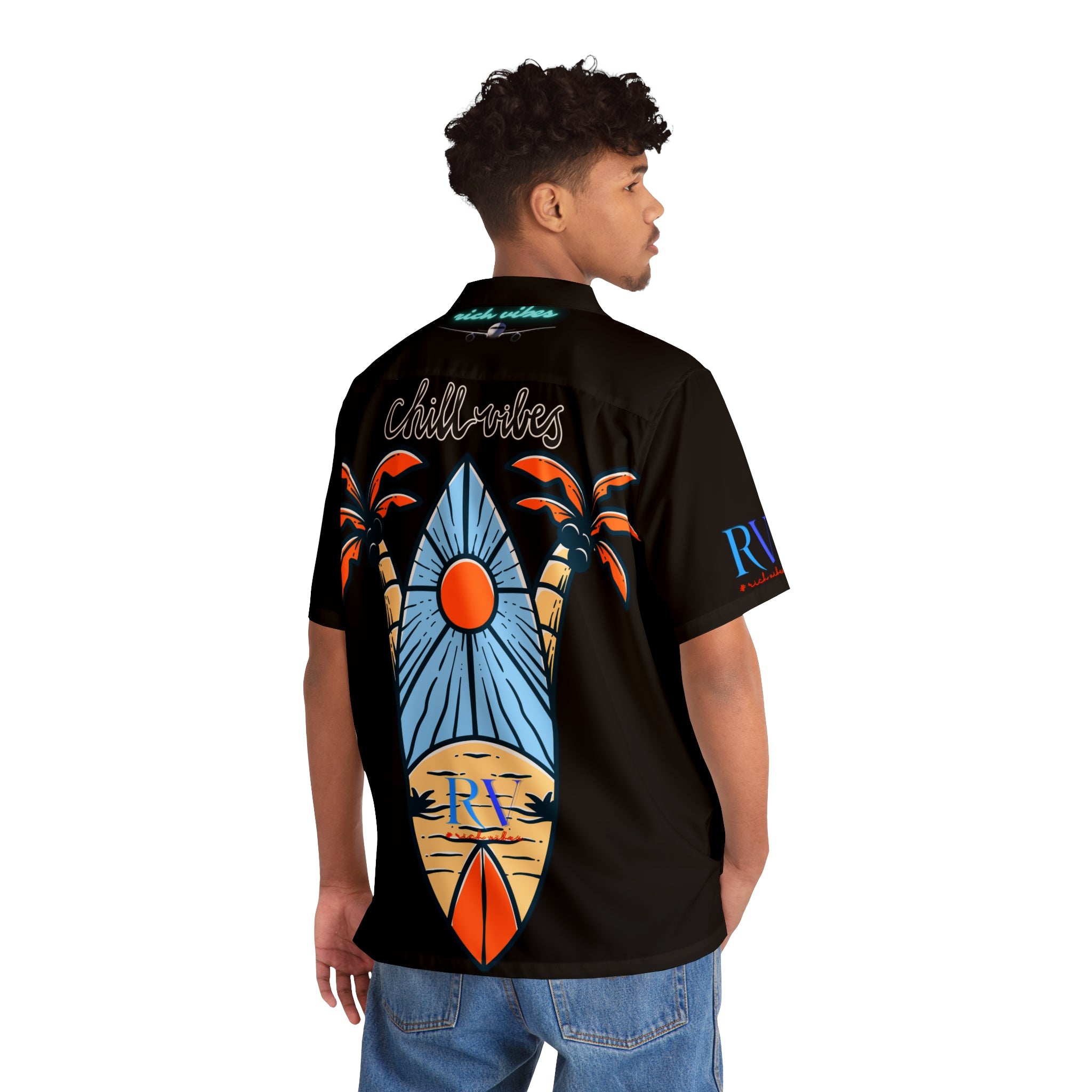 Rich Vibes RV Golfer's  Colorful Palm Tree Chill Vibes - Men's Hawaiian Shirt (AOP)Black