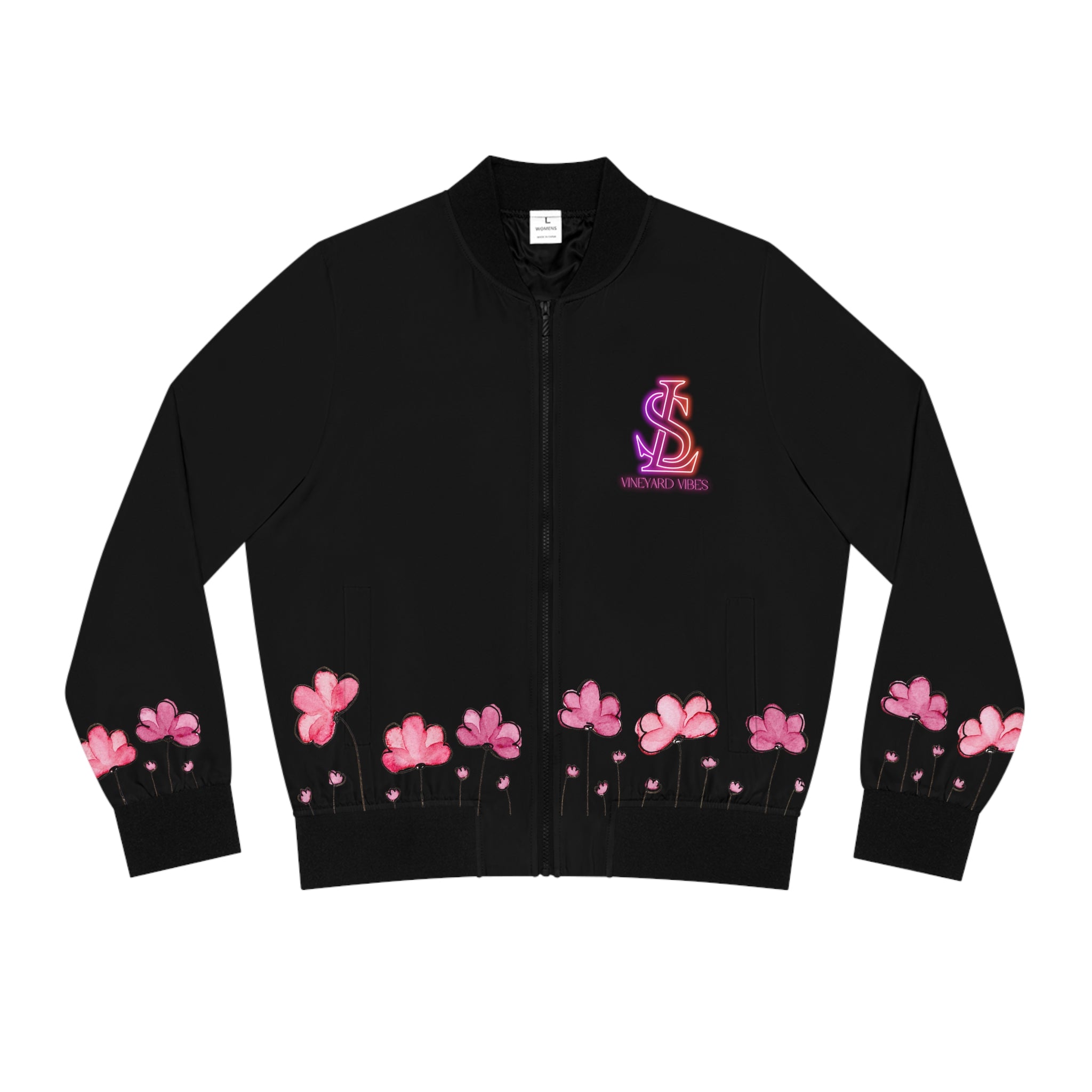 Vineyard Vibes Pink Flower LS LIFESTYLE 1.5 - Women's Black Bomber Jacket (AOP)