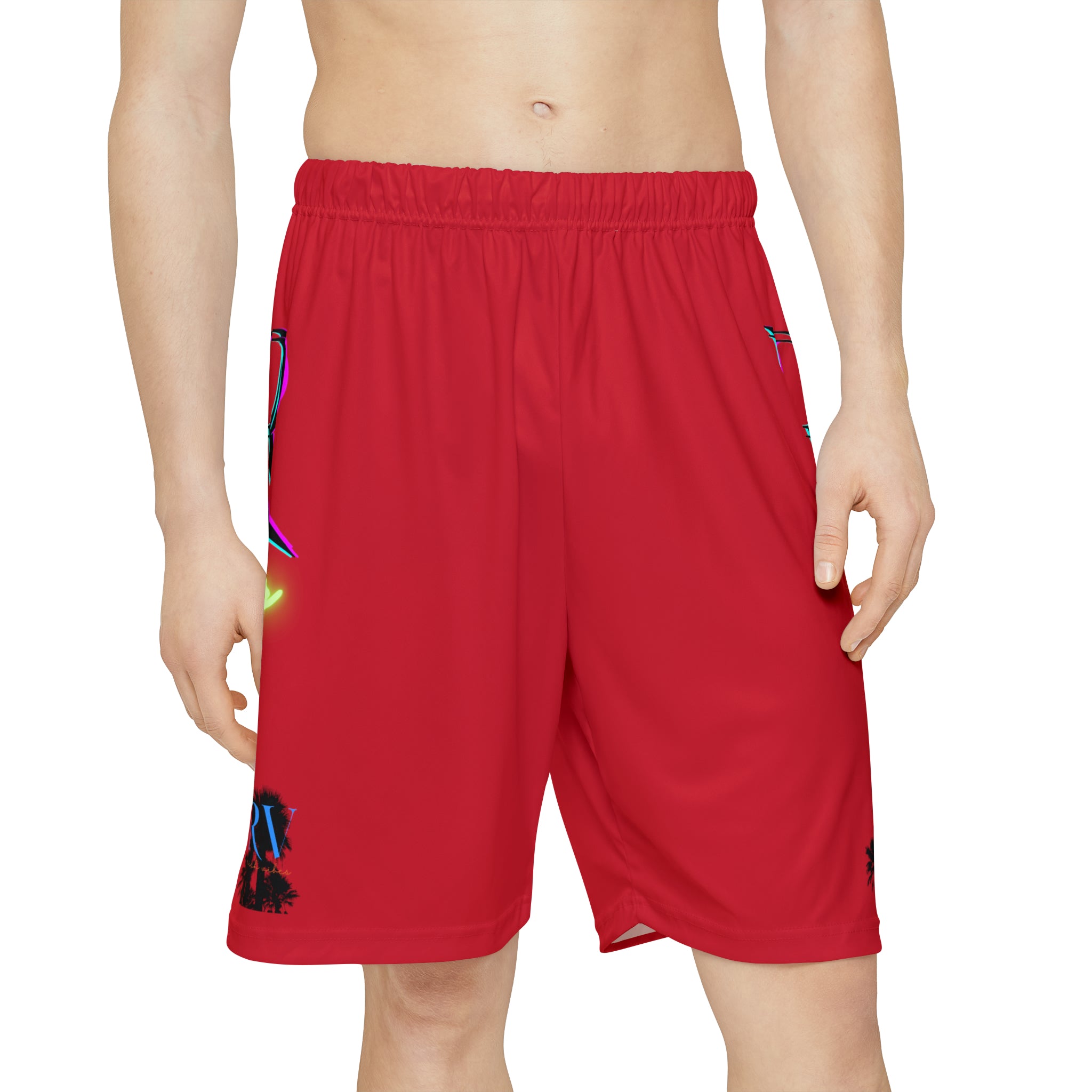 Rich Vibes RR RV Palm Tree Silhouette - Men’s Sports Shorts (AOP) Red