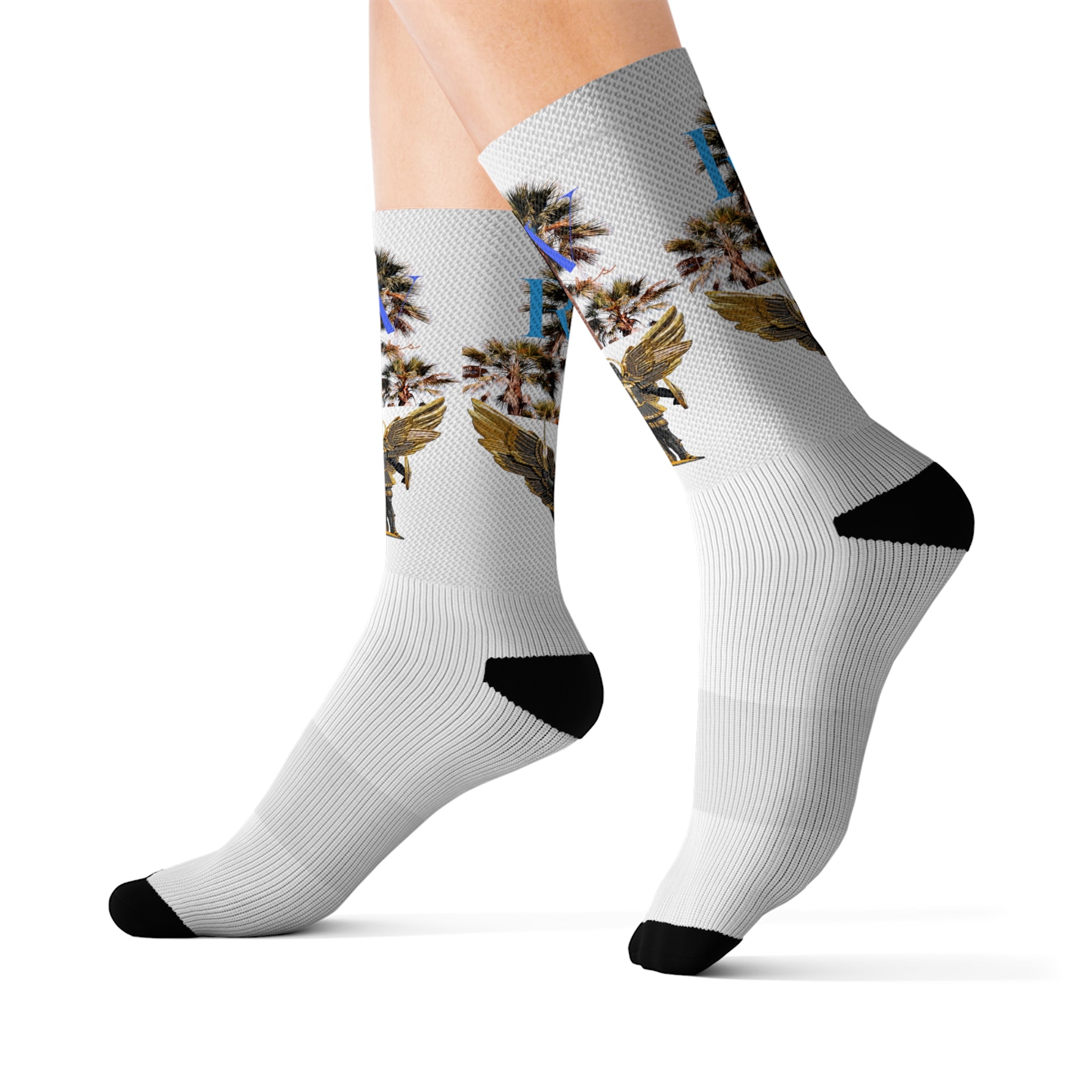 Rich Vibes RV Palm Tree Logo Archangel Michael White - Sublimation Socks