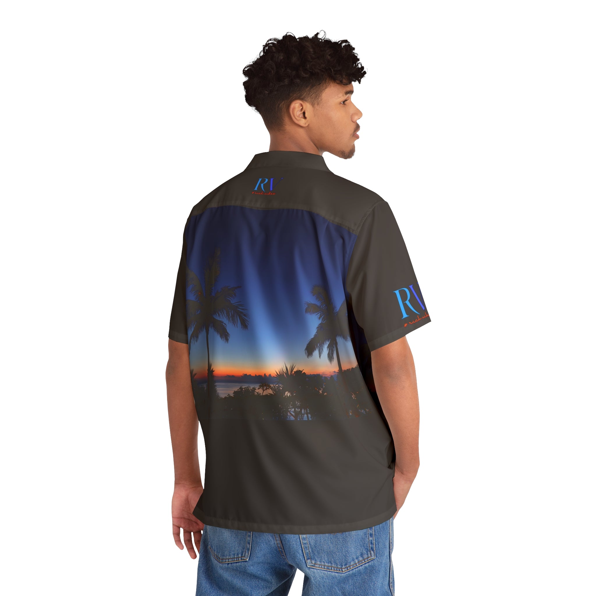 Rich Vibes Red RV Okinawa Royal Blue Sunset - Men's Hawaiian Shirt (AOP)Black