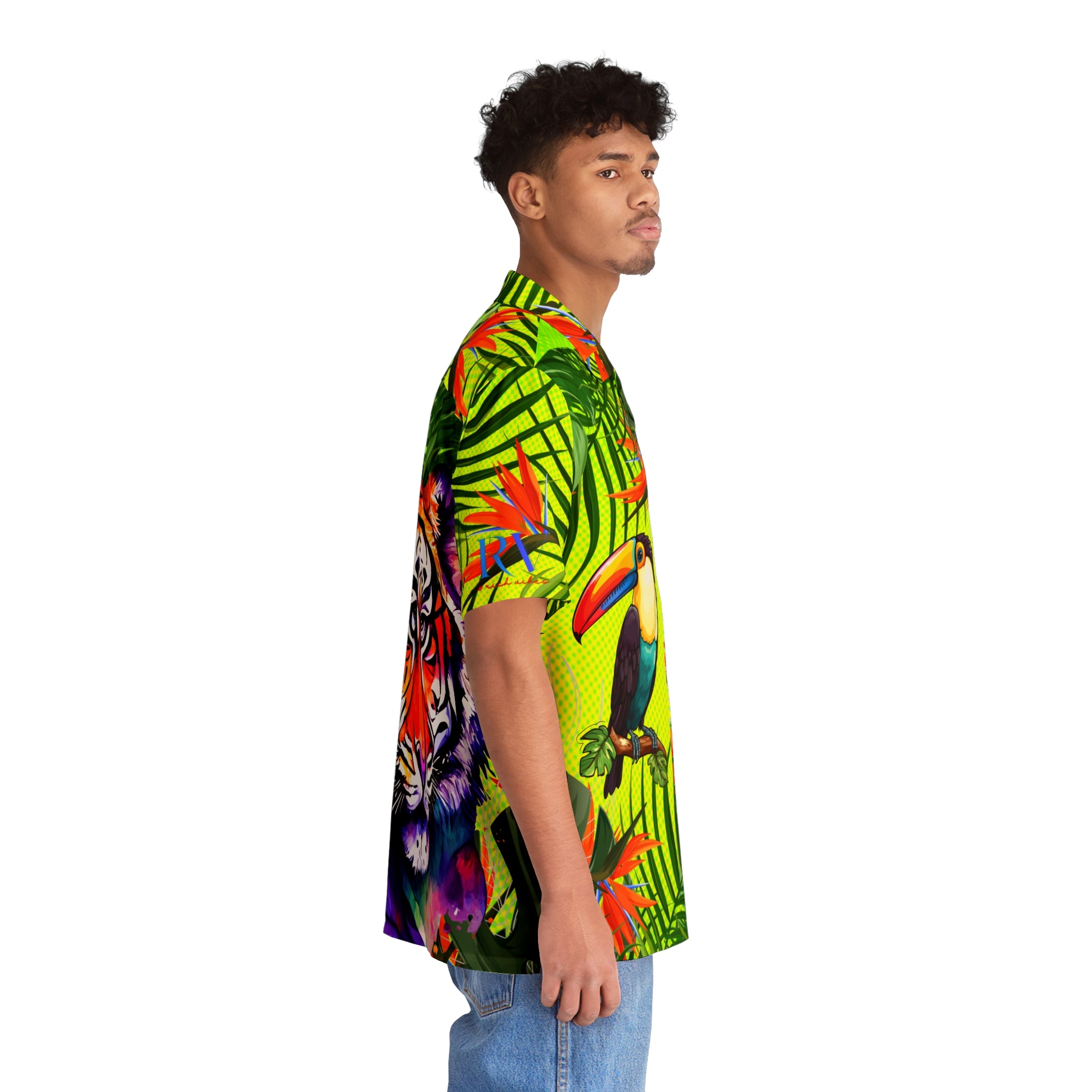 Rich Vibes Volt Green Tropical Jungle Tiger RV Golfer's  - Men's Hawaiian Shirt (AOP)